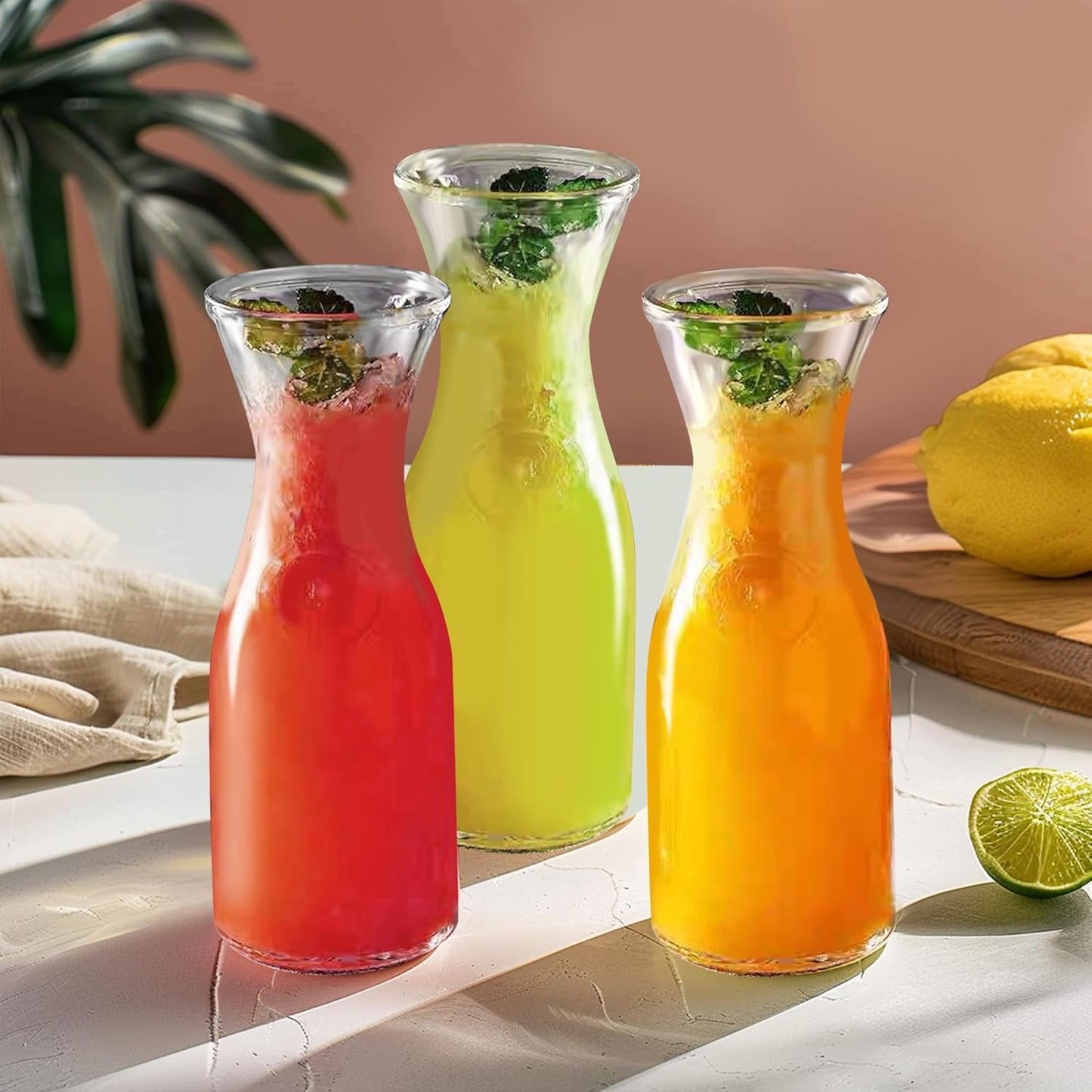 Glass Carafe with Bamboo Lid,35 Oz Beverage Dispensers Carafe,Mimosa Bar Supplies,Juice Bottles, Clear Glass Pitcher with Name Labels for Iced Tea,Coffee,Juice(Pack of 2)