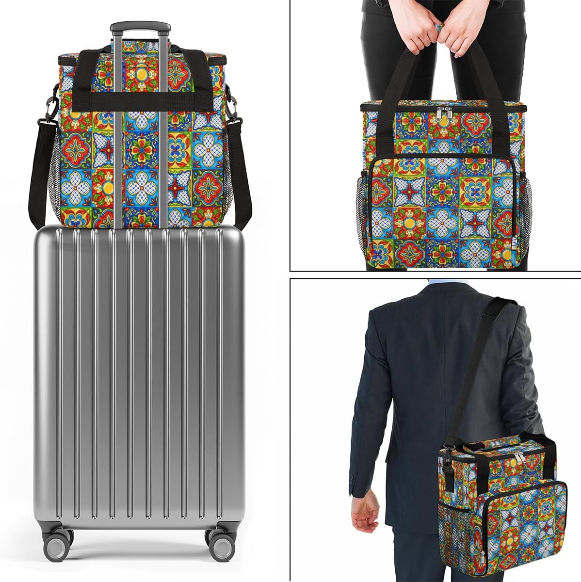 Ethnic Mexican Colorful Flowers Plaid Coffee Maker Carrying Bag, Coffee Machine Travel Storage Tote Bag Compatible with K-Mini or K-Mini Plus, Portable Single Serve Coffee Brewer Case with Pockets