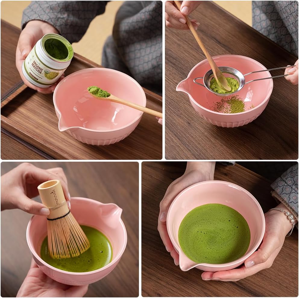 6 Pcs Matcha Set - Ceramic Bowl with Spout, Matcha Whisk with Holder, Tea Powder Canister, Sifter and Spoon, Complete Kit for Traditional Matcha, Modern Lattes, and Tea Ceremonies (Pink)