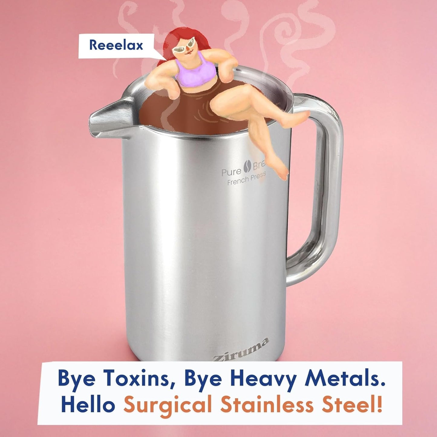 Ziruma Non-Toxic French Press, Surgical Stainless Steel Coffee Press, Plastic-Free, Heavy Metal-Free, No Endocrine Disruptors, 34 Oz, Double Wall, 4-Layer Filter, Portable Coffee Maker