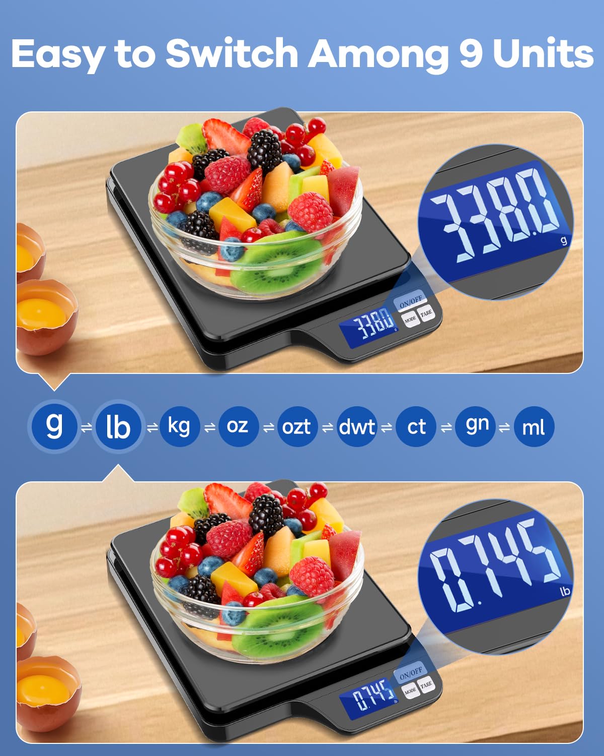 Large 5kg/11lb Kitchen Scale with 0.1g/0.01oz High Precision, USB Rechargeable Food Scale, Stainless Steel Pan, with Tare Function,for Baking Cooking Coffee Package Postage