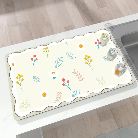 Dish Drying Mat for Kitchen Counter, 12" X 20" Absorbent Coffee Maker Mat for Countertops, Easy to Clean Kitchen Drying Matt Rubber Backing for Coffee Espresso Machine Dish Rack Pad, Cute Flower