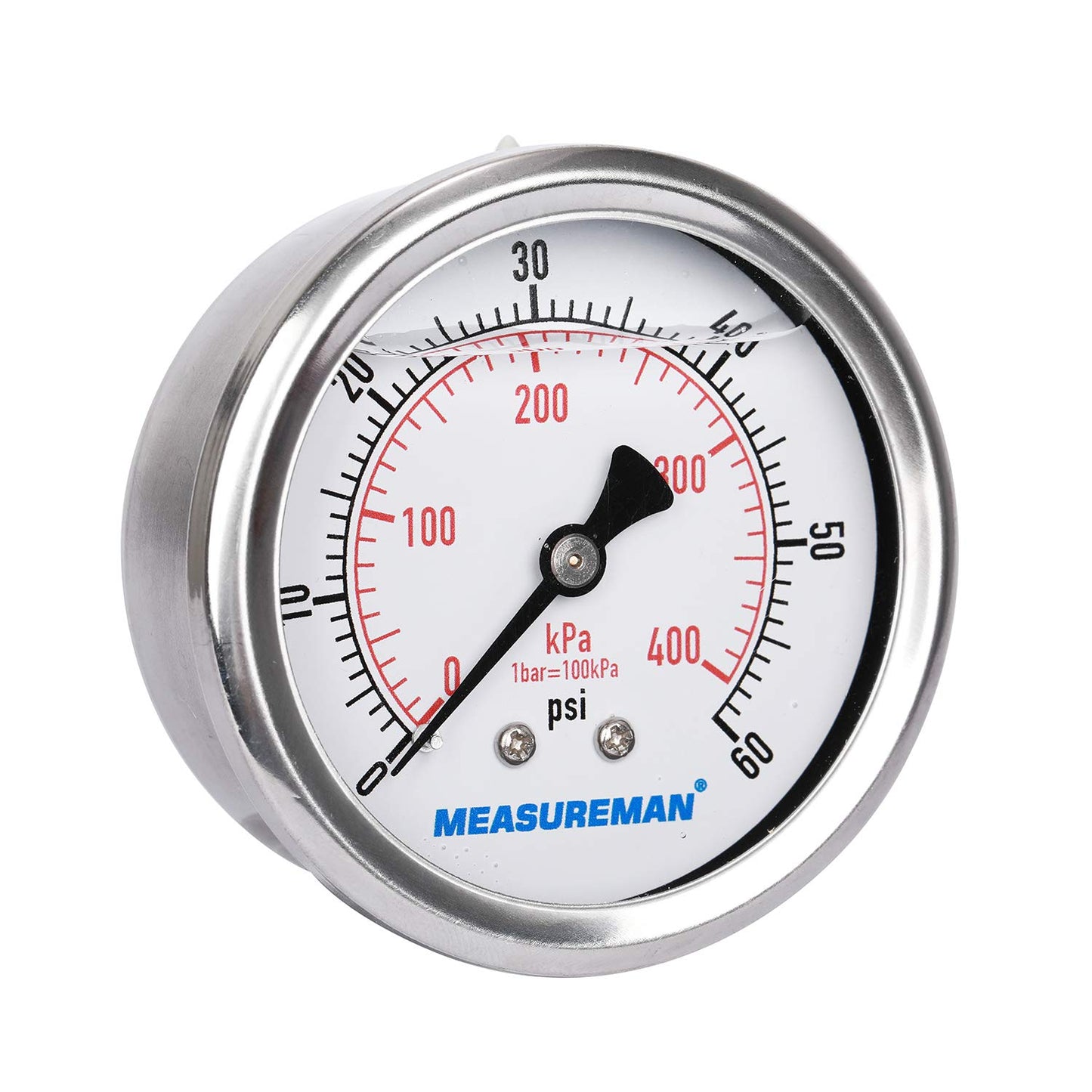 MEASUREMAN 2-1/2inch Dial Size, Liquid Filled Pressure Gauge, 0-60psi/400kpa, 304 Stainless Steel Case, 1/4inchNPT Back Mount