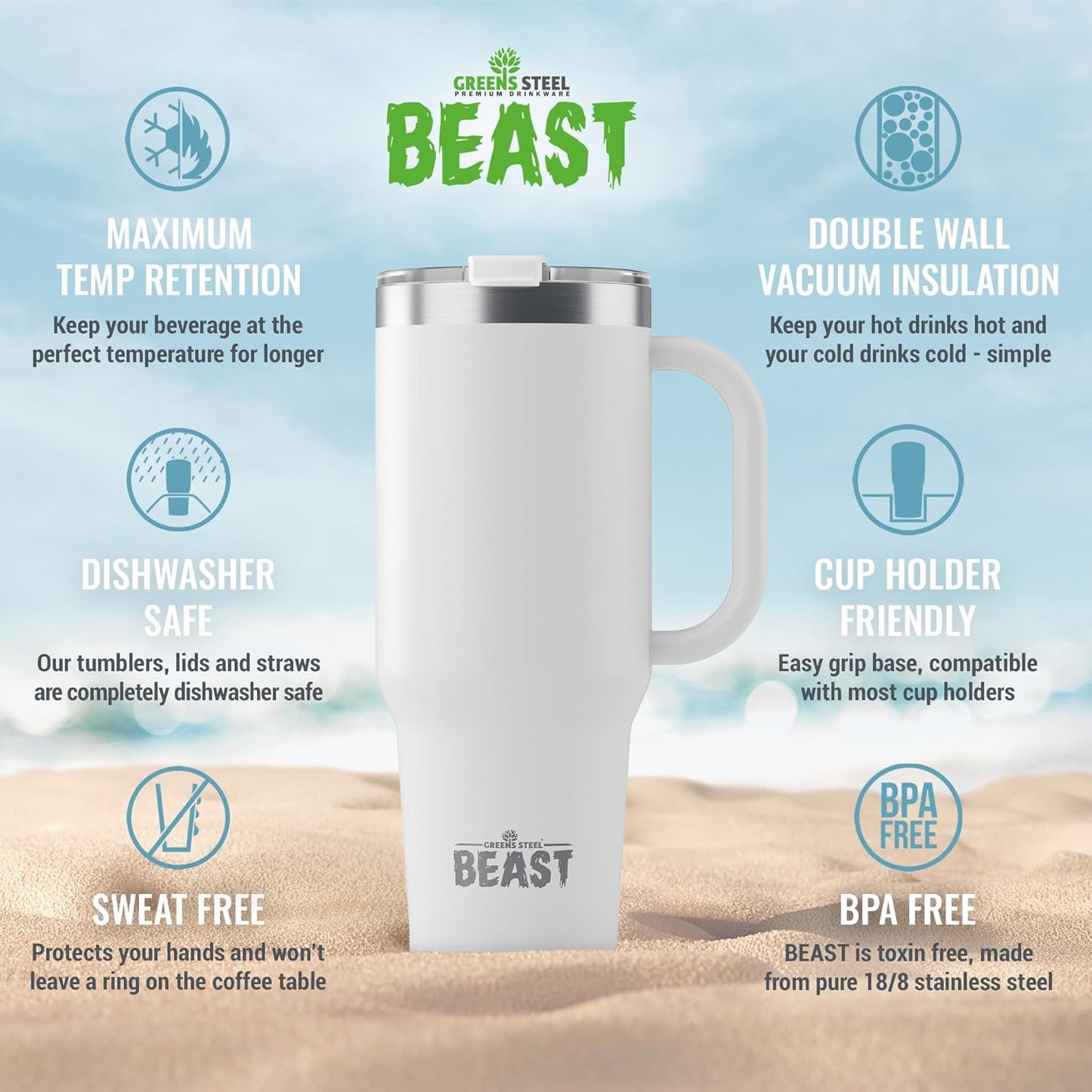 Beast 50 oz Tumbler Stainless Steel Vacuum Insulated Coffee Ice Cup Double Wall Travel Flask (Arctic White)