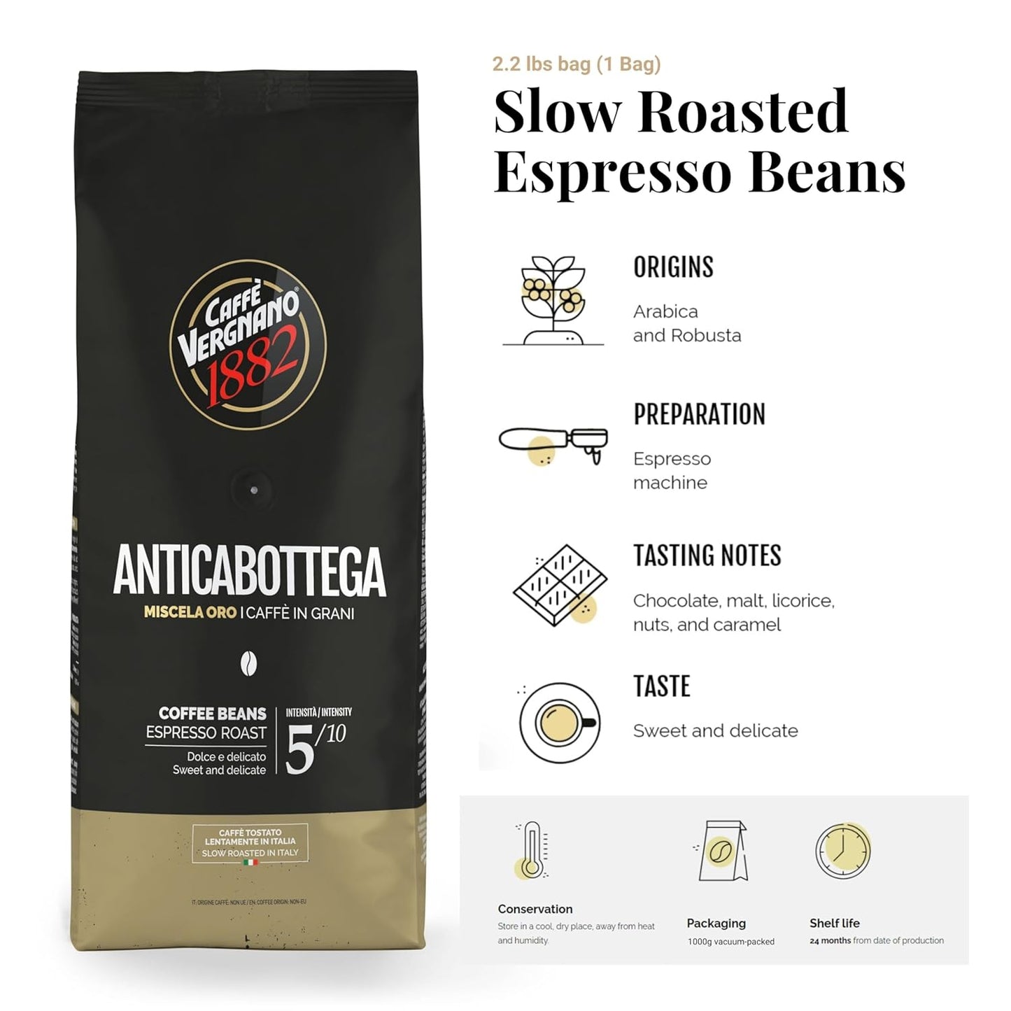 Caffe Vergnano 1882 Antica Bottega Whole Bean Arabica Medium Roast Espresso, 2.2 lbs Bag - Italian Coffee Beans with notes of Chocolate, Nuts & Caramel, Intensity 5/10-1000g Bag