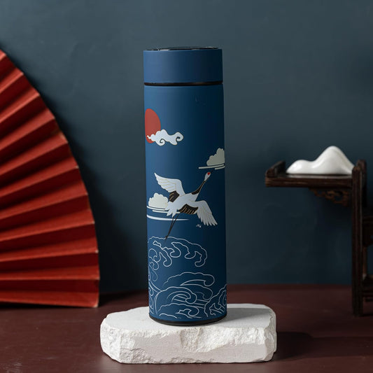 Insulated Coffee Tea Travel Thermos Mug Water Bottle with Removable Strainer and Temperature Featuring Elegant Asian Art Design - 16.9 fl oz (Blue)