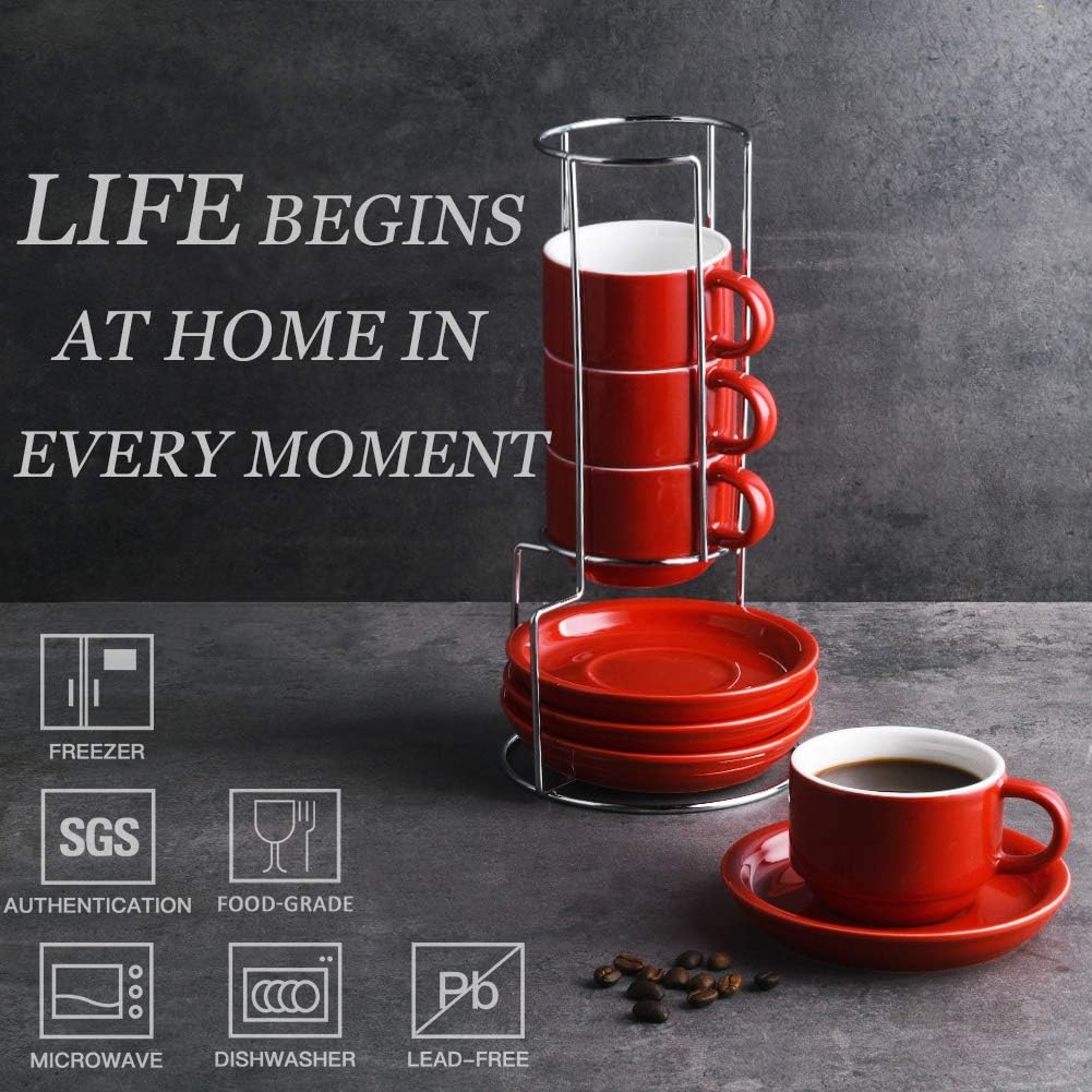 Sweejar Porcelain Espresso Cups with Saucers, 4 Ounce Stackable Cappuccino Cups with Metal Stand for Coffee Drinks, Latte, Tea - Set of 4 (Red)