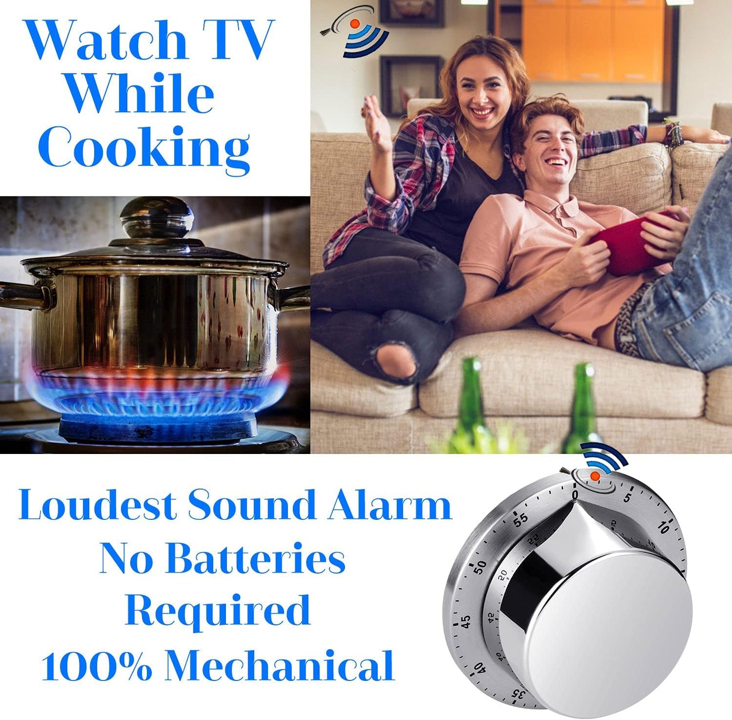 Kitchen Timer, Chef Cooking Timer Clock with Loud Alarm, No Batteries Required, 100% Mechanical - Magnetic Backing, Exquisite Stainless Steel Body - Countdown Reminder - Silver 1Pack
