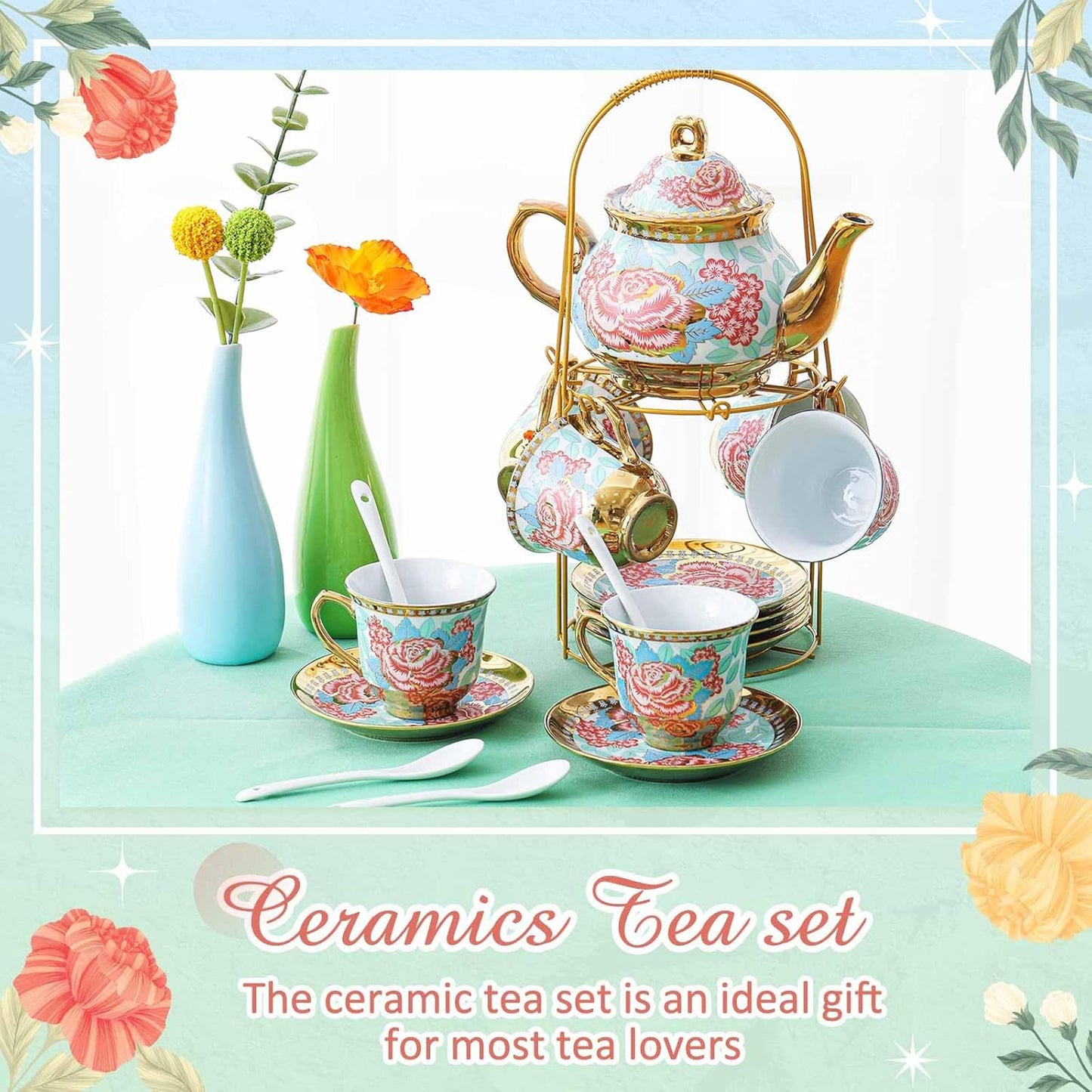Zhehao 20 Pcs Porcelain Tea Set with Metal Holder and Spoon Adult Ceramic Tea Party Set European Flower Painting Teapot Cup Saucer Spoon Set for Women, Large Version(Vintage Style)