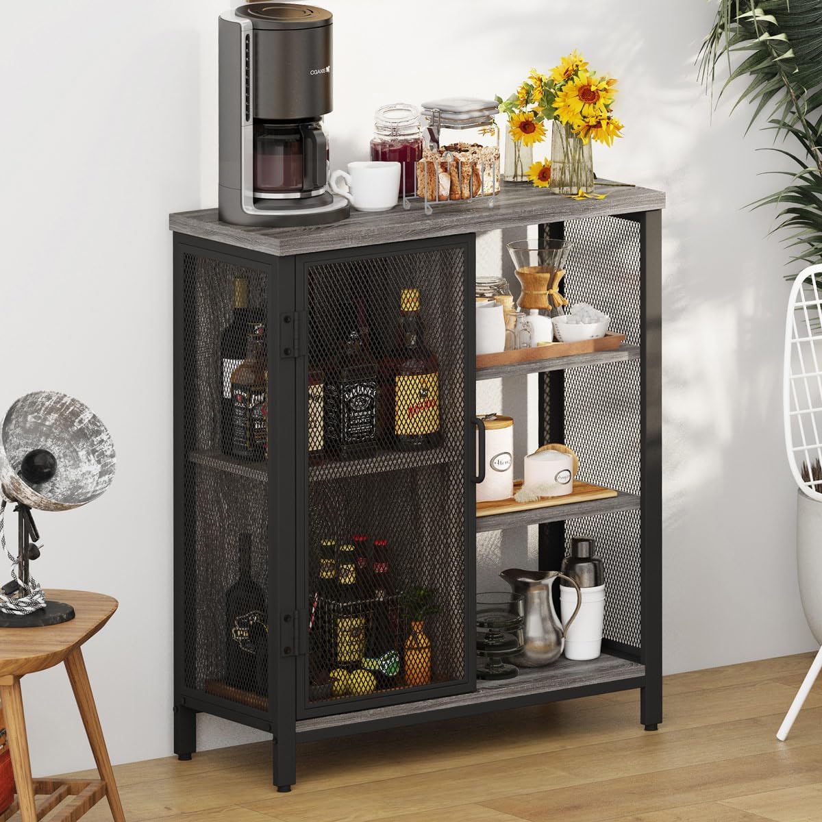 BON AUGURE Liquor Cabinet Bar for Home, Farmhouse Coffee Storage Cabinet for Kitchen, Small Wood Sideboard Buffet Station Cabinets with Door (Dark Grey Oak, 36")