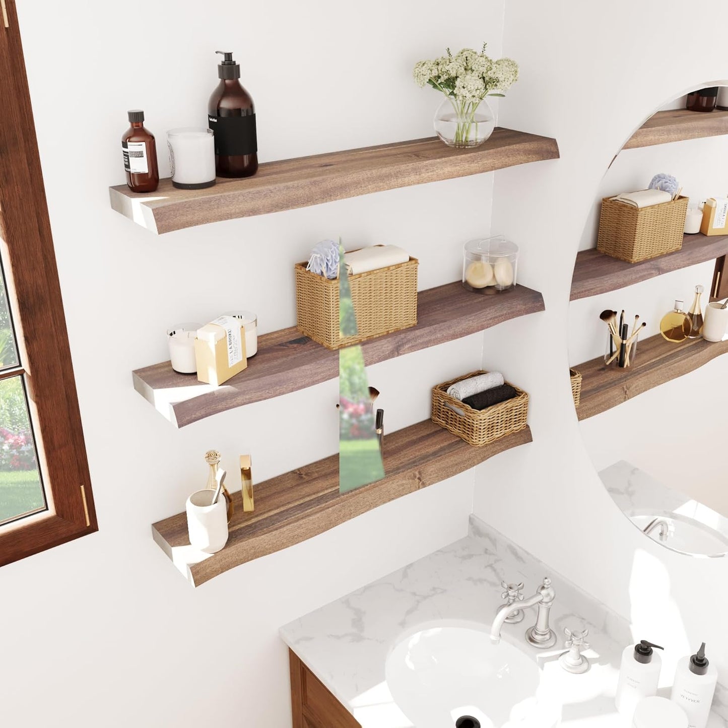 36" Acacia Live Edge Floating Shelves Set of 2 - Wall Mounted Wooden Shelf for Stylish Home Décor - Dark Walnut Color 36x7.5x1.5 Inches