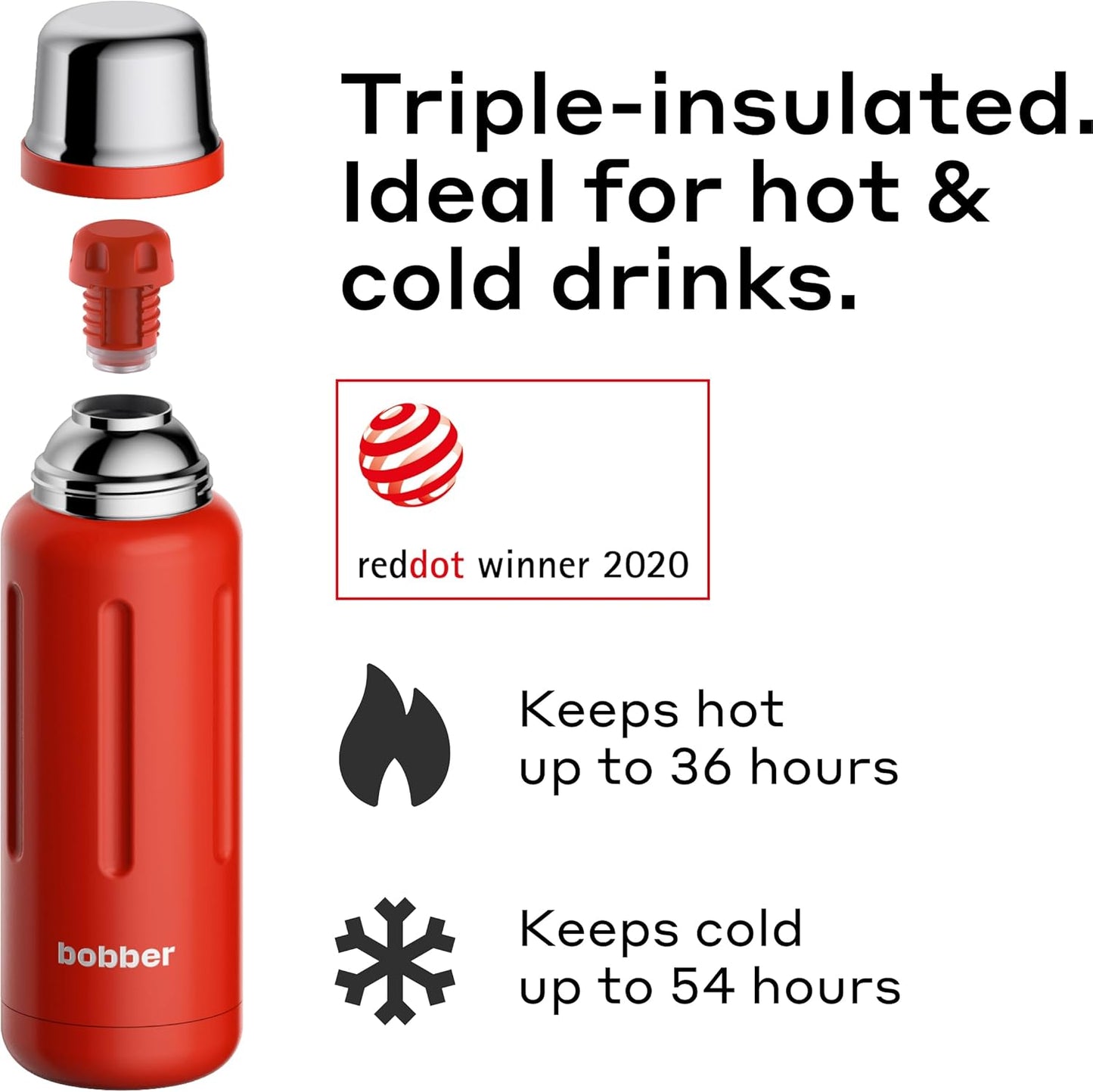 BOBBER 26 oz Stainless Steel Heavy Duty Thermos for Hot and Cold Drinks – Dishwasher Safe Insulated Water Bottle with Cup Lid – Keeps Hot for 36 Hours – Leak-Proof Rugged Thermos with Screw Lid (Red)