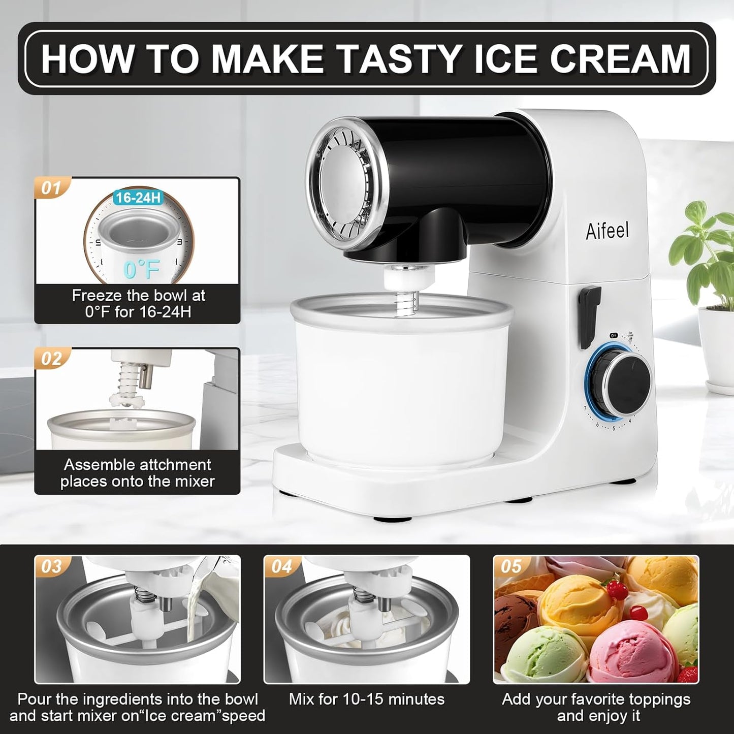 Aifeel Stand Mixer,6.5QT Kitchen Electric Mixer with 2QT Ice Cream Maker Bowl, 6 in 1 Multifunctional Bread Dough Mixer with Dough Hook,Whisk & Beater, Food Mixer for Baking (Black-White)