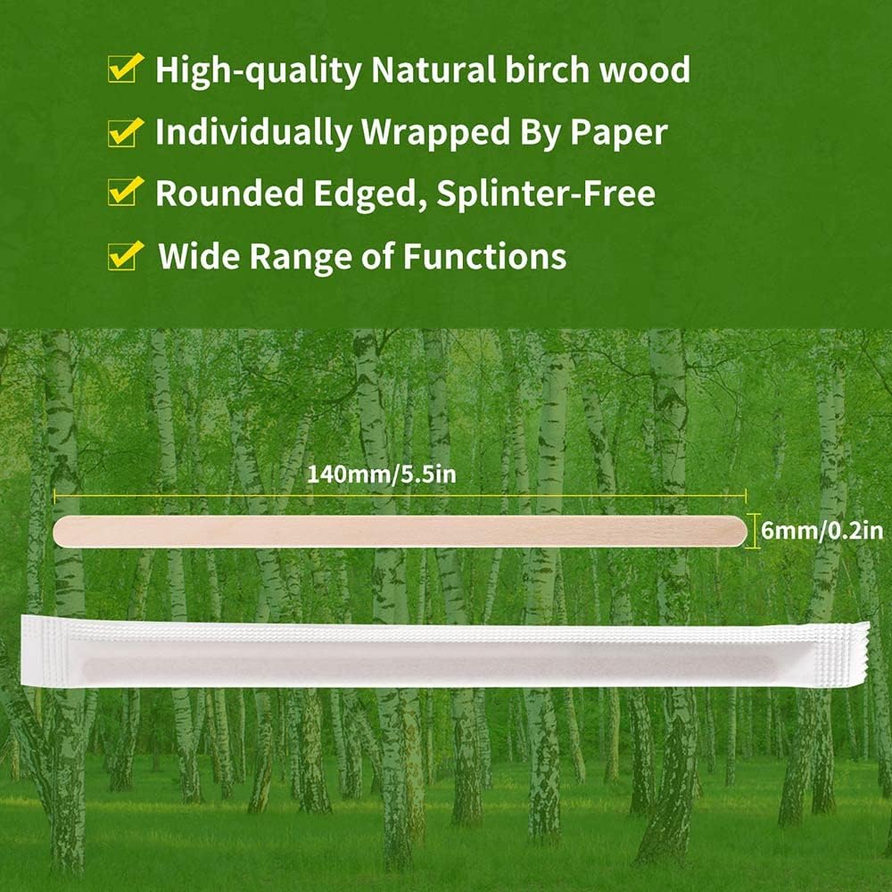 1000pcs Individually Wrapped Coffee Stirrers Wood - 5.5" Coffee Stir Sticks, Round End Disposable coffee stirrer, For Coffee, Cocktail and Hot Drinks