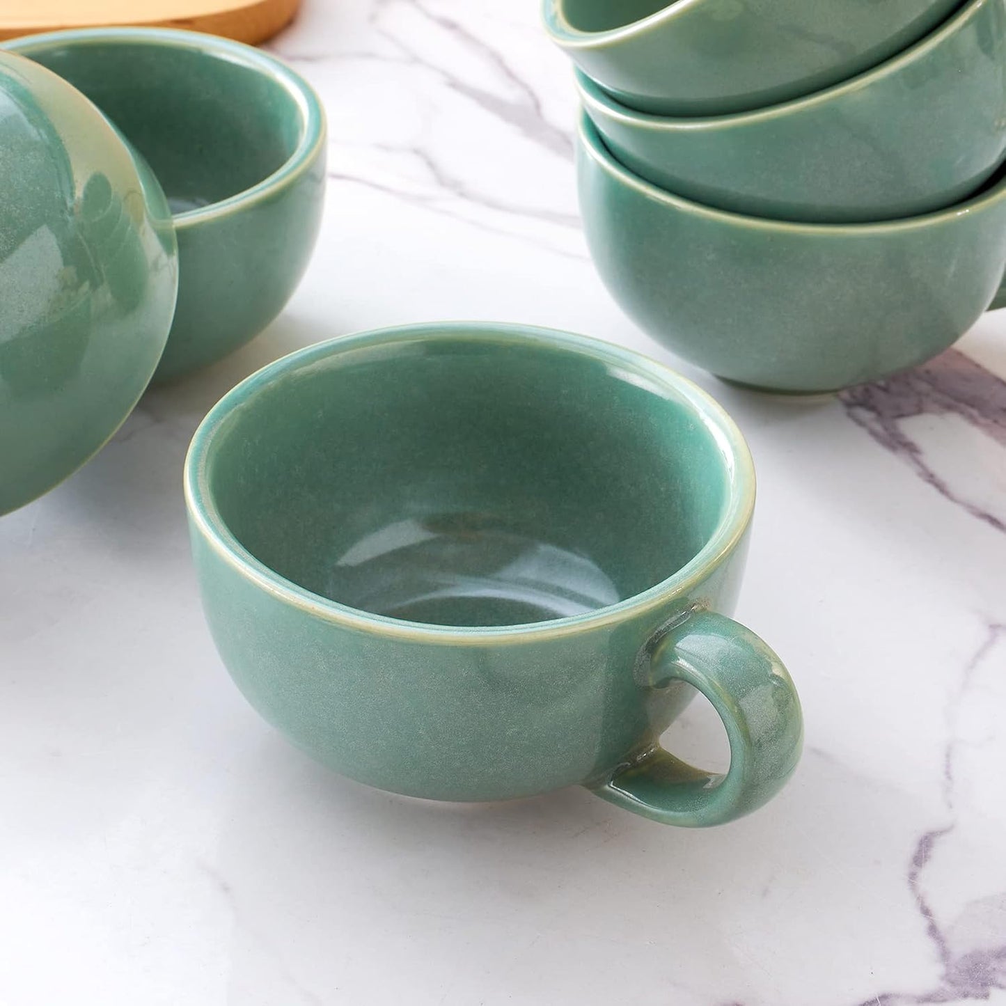 Set of 6 Cups Vintage Design 12 oz Professional Barista Ceramic Latte Art Cappuccino Cups Set (Green * 6)