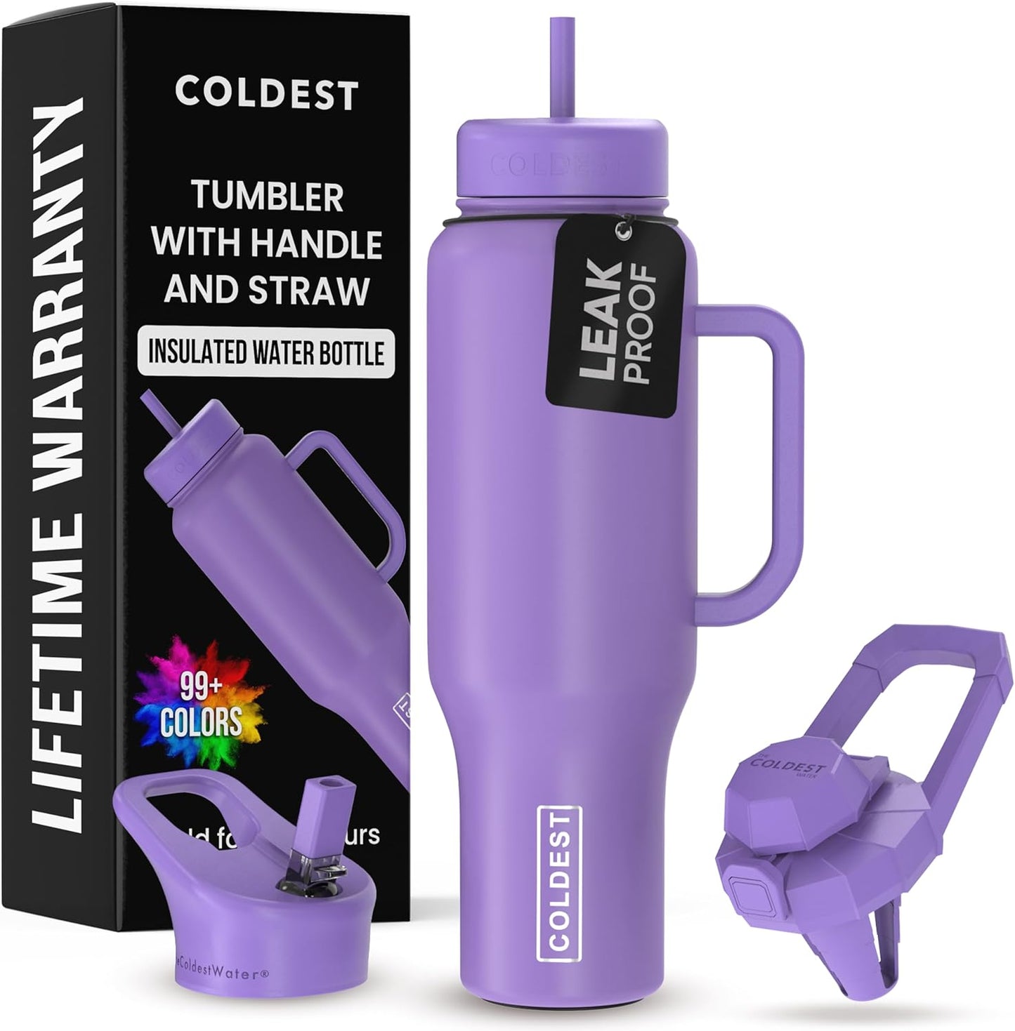 Coldest 40 oz Tumbler with Handle and Straw - 100% Leak Proof Insulated Tumbler with Lid and Straw (3 Lids) - Stainless Steel Tumblers for Women & Men - Cup Holder Friendly Base, 46 oz (Galaxy Purple)