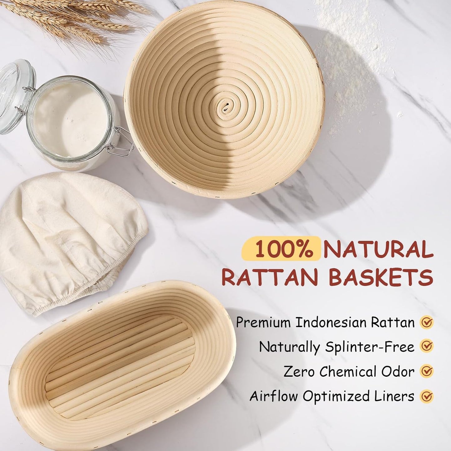 Sourdough Starter Kit, 9" Round & 10" Oval Banneton Proofing Bread Baskets Set, Sourdough Bread Baking Supplies for Beginner and Professional Bakers