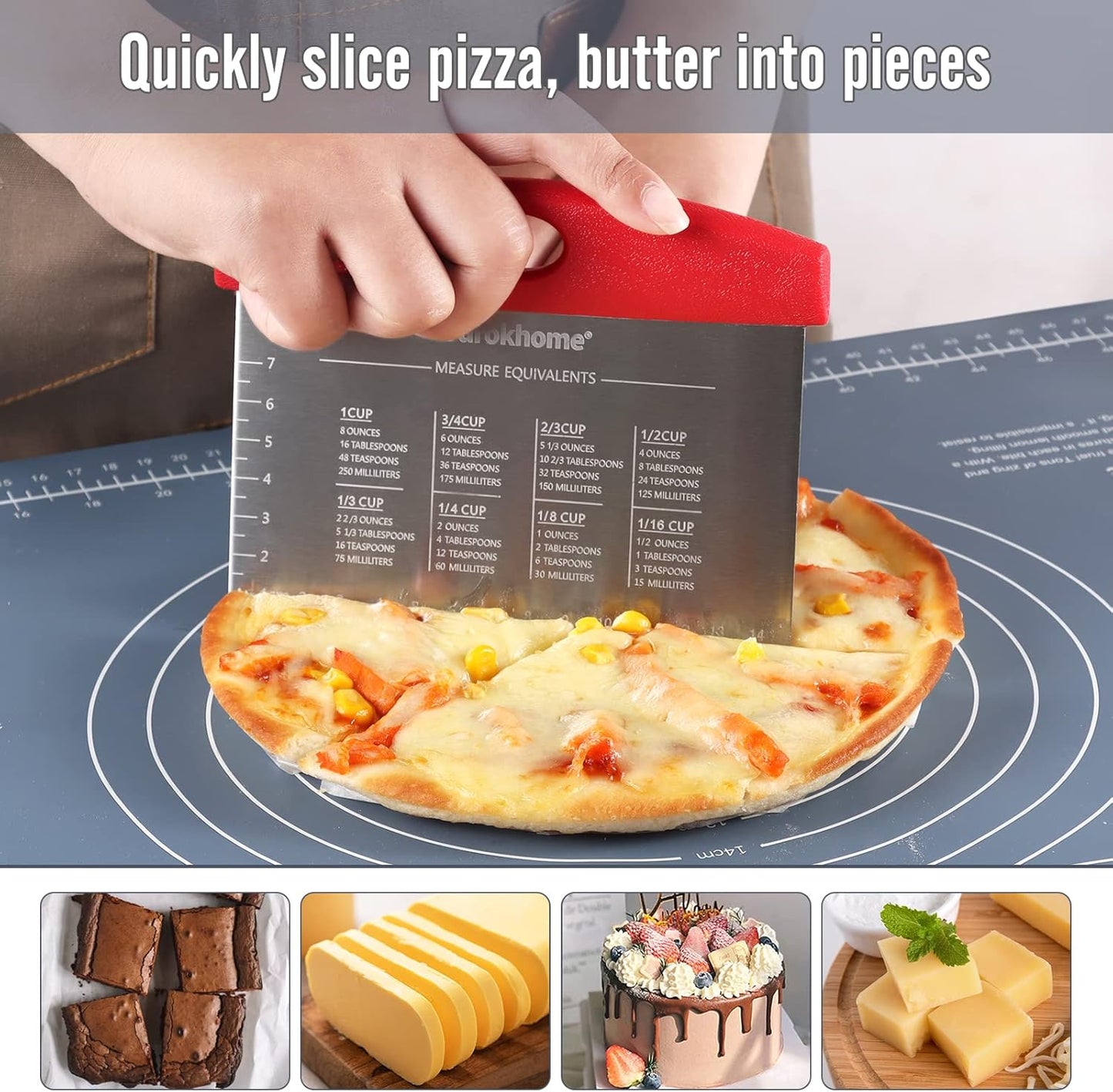 Ourokhome Dough Pastry Bench Cutter Scraper, Stainless Steel Pizza Cutter for Kitchen Baking, Dishwasher Safe, Anti-Wear Laser-Engraved Measuring Scale and Conversion Chart, 2 Pack, Black and Red