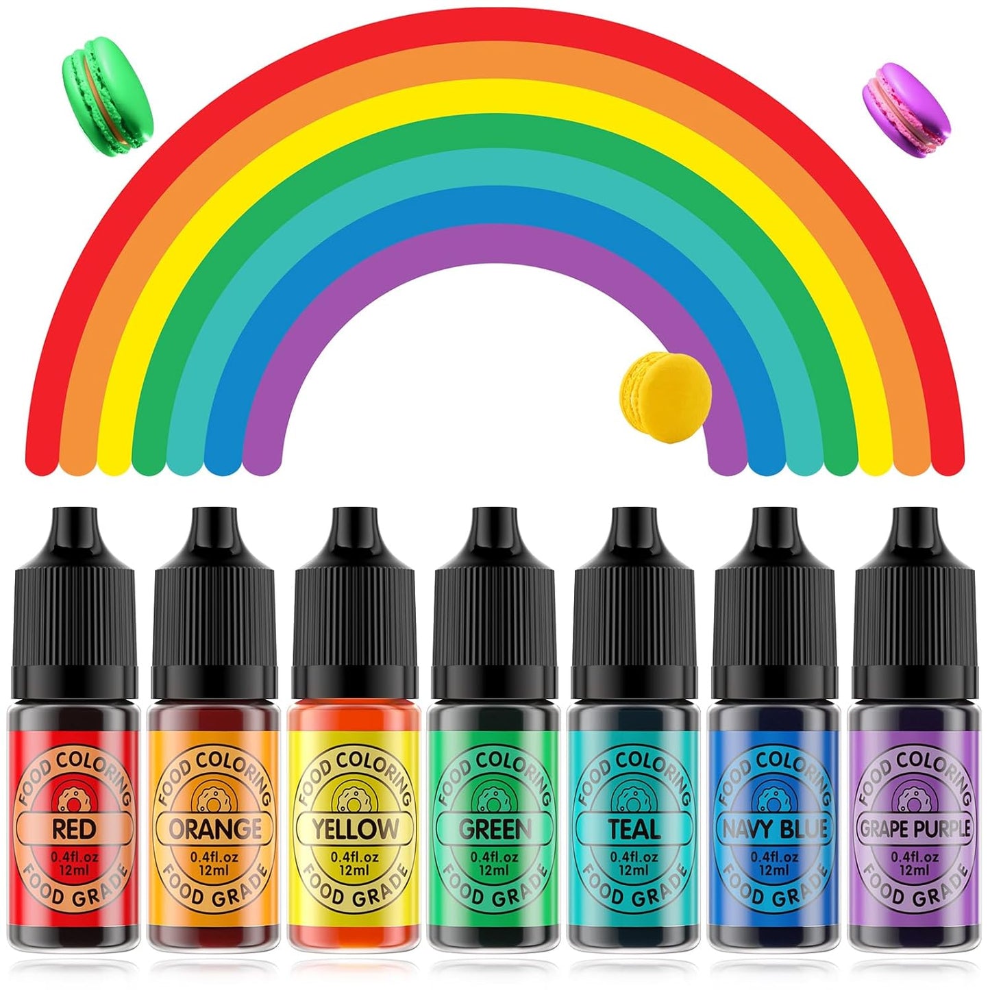 Cherrysea Food Coloring for Cake Decorating Rainbow Edible Food Dye for Baking Royal Icing Cookie Supplies Gluten Free 7x12ml Food Grade Liquid Food Color Kit, 0.4 Fl. Oz/Bottles