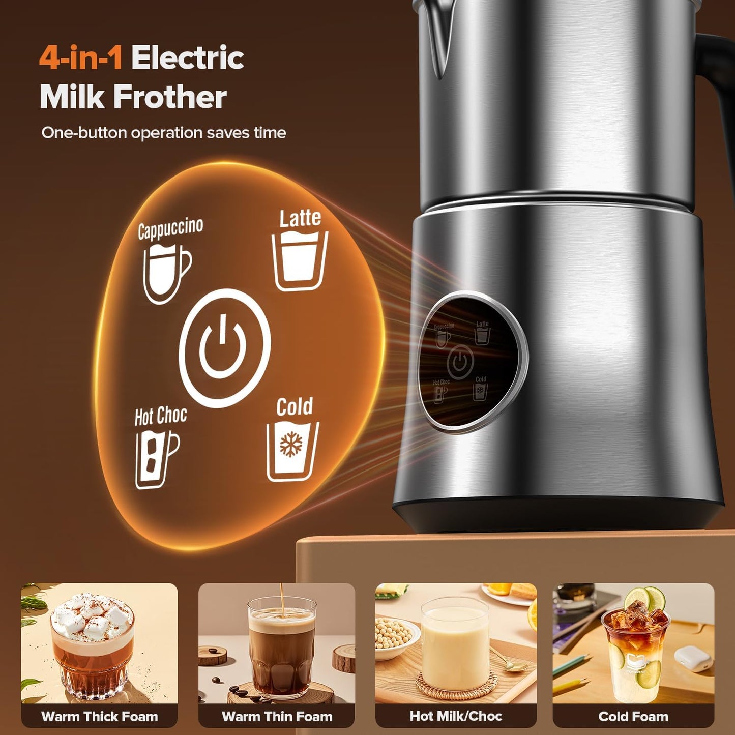 Milk Frother, Detachable Large-Capacity Electric Frother, Milk Steamer for Coffee, Cappuccino, Latte, Choc, Stainless Steel Jug, BPA-Free Transparent Lid