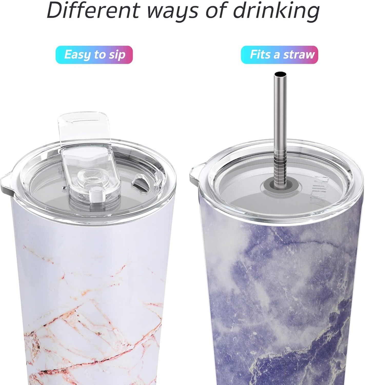 THILY Stainless Steel Vacuum Insulated Tumbler 26 oz Triple-Insulated Travel Mug with Splash-Proof Lid, for Iced Coffee and Hot Beverage, Gold Marble + Blue Marble