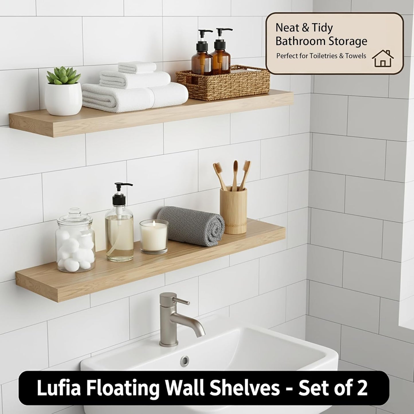 Lufia Floating Wall Shelves, Set of 2, MDF with Invisible Brackets, Modern Storage for Bedroom, Bathroom, Living Room, Kitchen (Oak, 28" W X 7" D X 1.5" H)