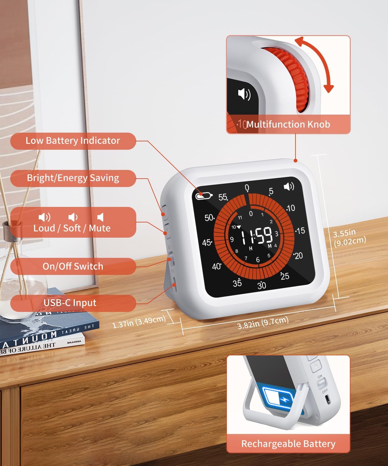 Digital Visual Timer - Max 11H 59M Rechargeable Countdown Timer with VA Display, Clear Digits, Adjustable Volume and Brightness, Magnetic Digital Timer for Kitchen, Classroom, Office (White)