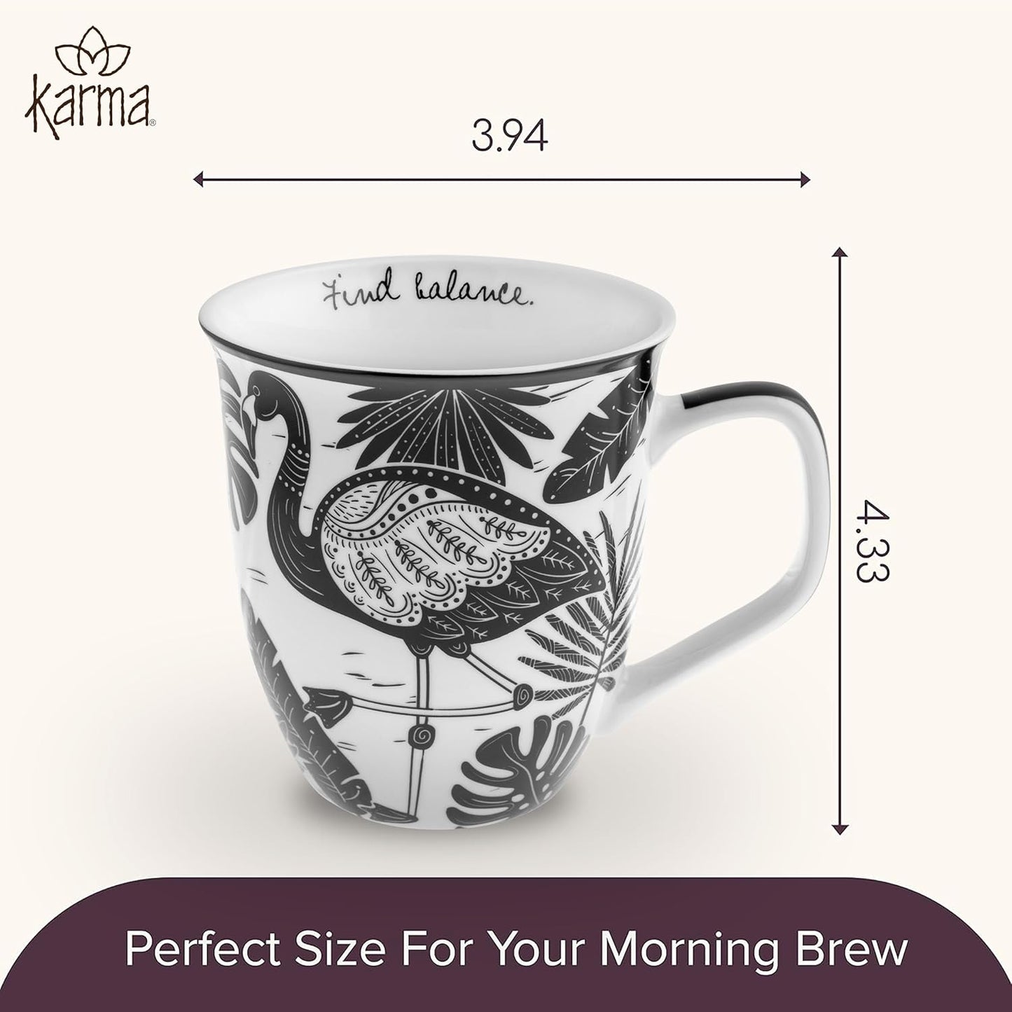 Karma Gifts 14 oz Black and White Boho Mug Flamingo - Cute Coffee and Tea Mug - Ceramic Coffee Mugs for Women and Men