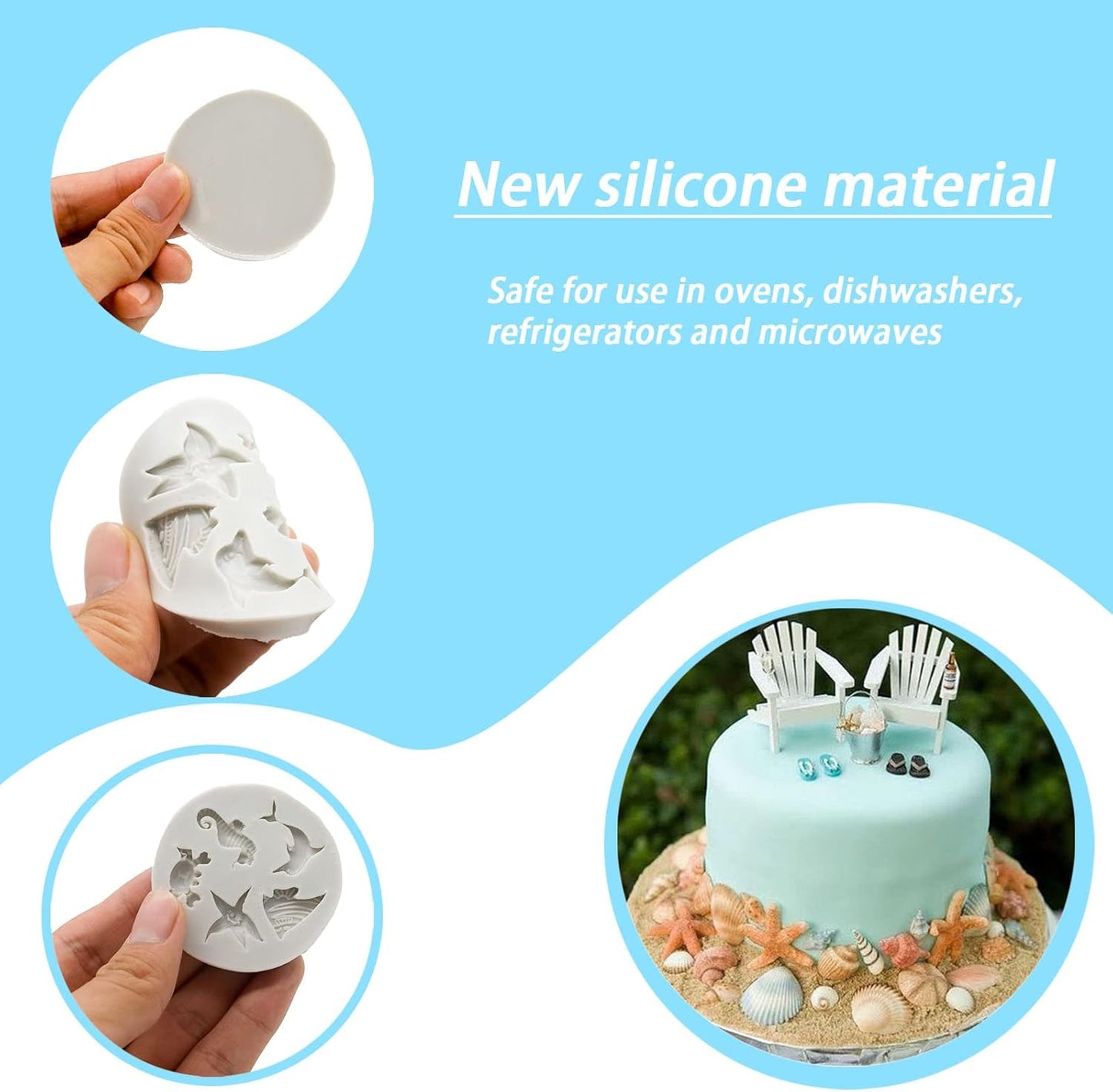 MEMOVAN Marine Theme Silicone Fondant Mold 4pcs Under the Sea Cake Mold Hippocampus Seaweed Sea Fish Crab Coral Conch Sea Shell Silicone Chocolate Mold for DIY Ocean Theme Cake Cookie Chocolate Candy