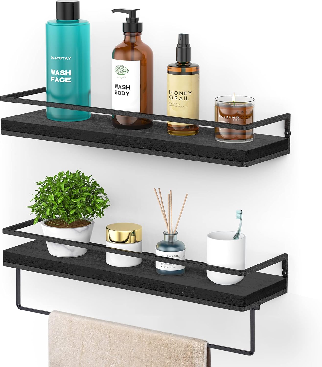 Meangood Floating Shelves Wall Mounted Set of 2, Wall Shelf with Towel Bar Rustic Wood Wall Storage Shelves for Bedroom,Living Room,Bathroom, Kitchen Black
