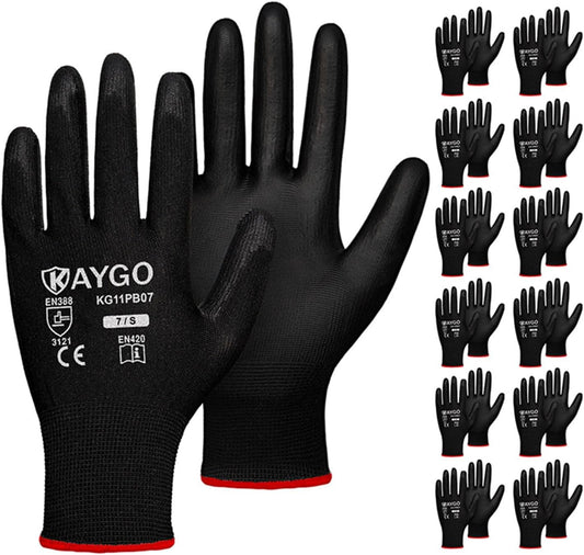 KAYGO Safety Work Gloves PU Coated,12 Pairs KG11PB Seamless Knit Glove for Men and Women, with Smooth Grip on Palm and Fingers, Ideal for General Duty Work (Small, Black)