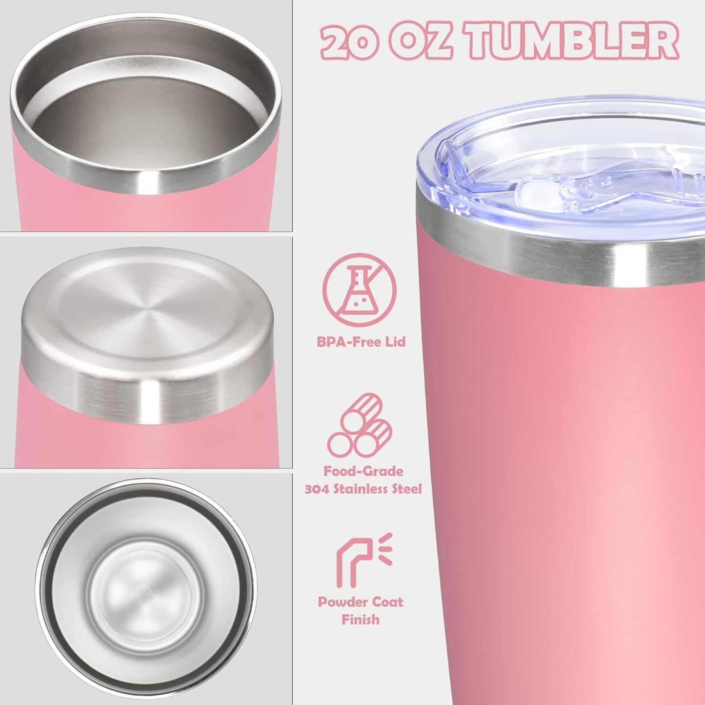 20oz Tumbler Stainless Steel Tumbler Cup with Lid Vacuum Insulated Double Wall Travel Mug, Durable Powder Coated Travel Coffee Tumbler Mug for Hot & Cold Drinks, Pink,4 Pack