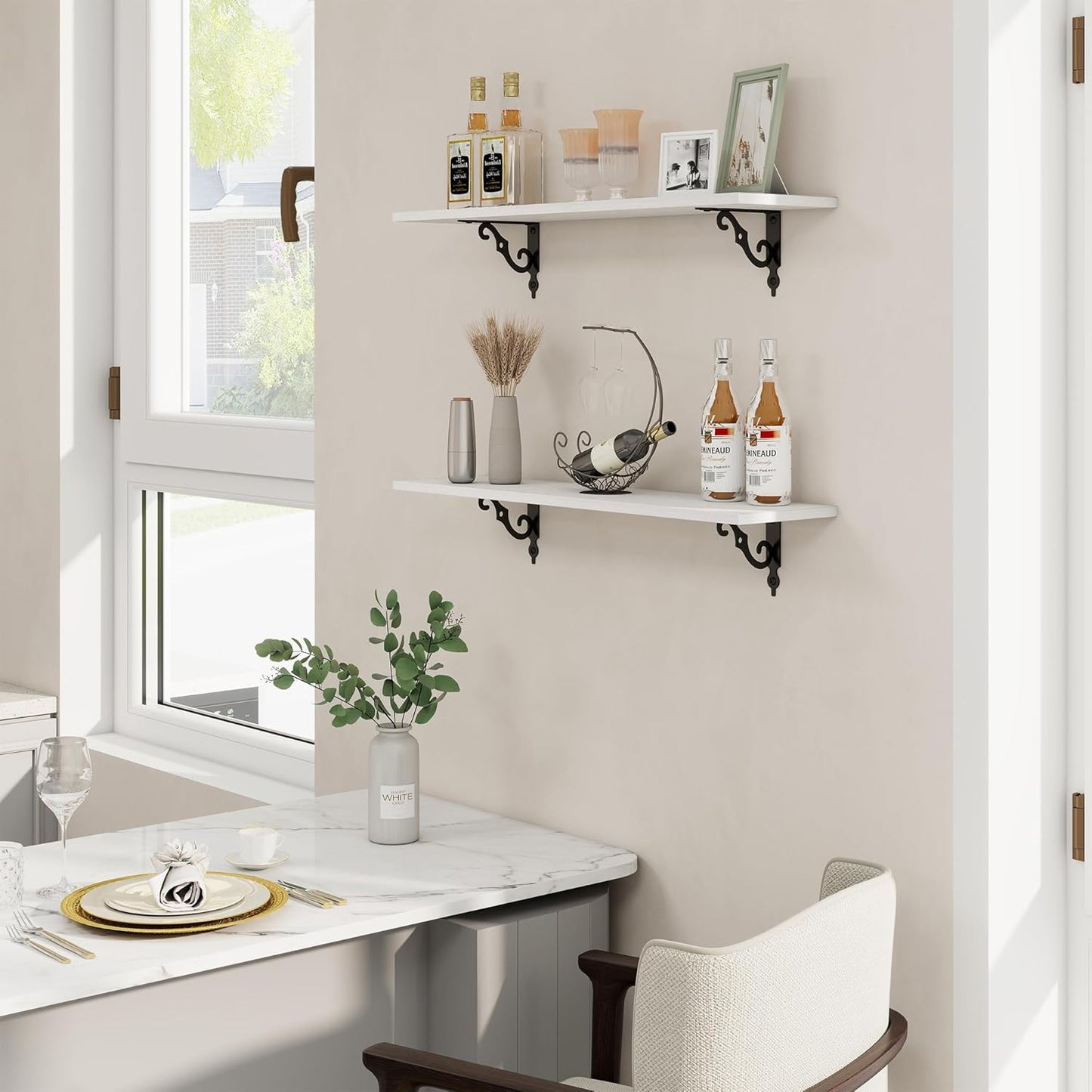 RICHFOCUS Floating Shelves for Wall Decor, 31.5W x 8D Shelves Set of 2, 8" Deep Rustic Wood Floating Shelves Wall Mounted with Metal Brackets, Shelves for Living Room Bedroom Kitchen, White