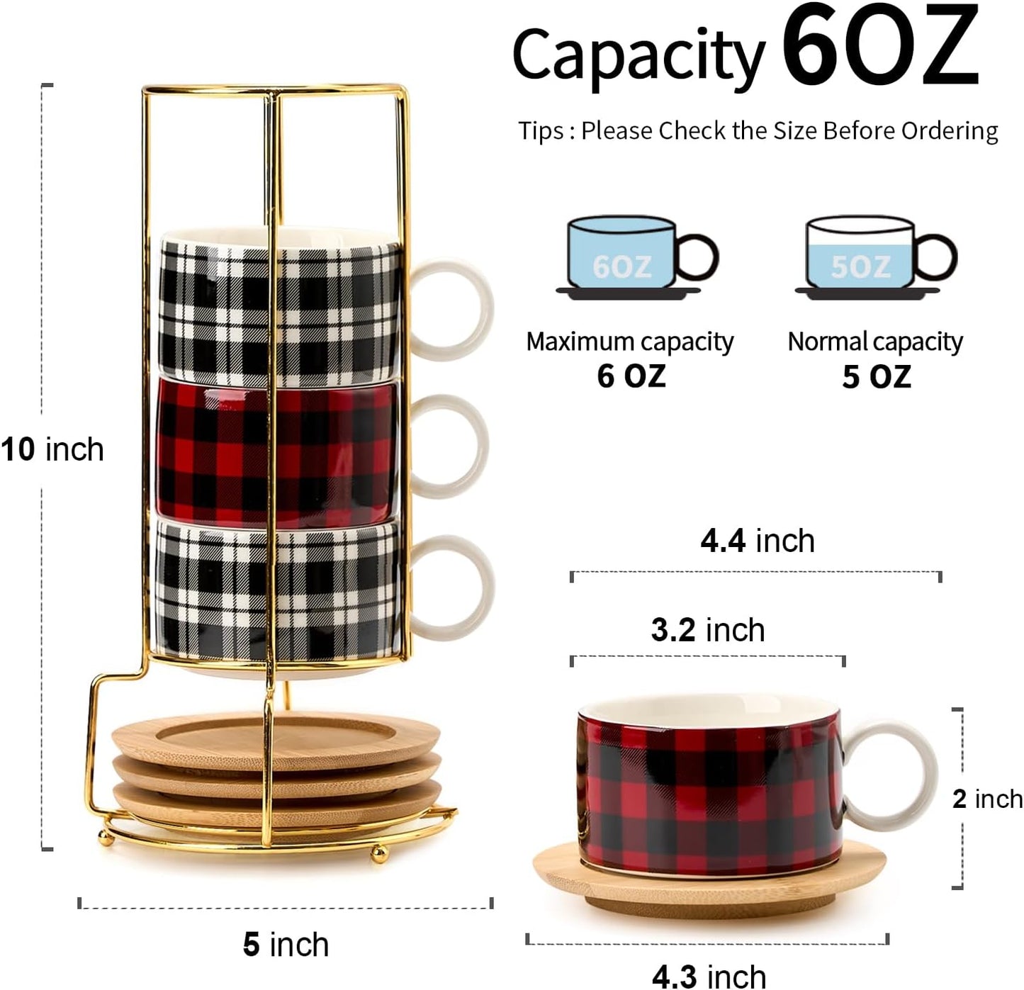 LUKA Porcelain Espresso Cup with Metal Stand,6 Ounce Stackable Ceramic Demitasse Espresso Mugs Cappuccino Cups Set for Latte,Coffee,Cafe Mocha,Tea - Set of 4 (Plaid Red & Gray)