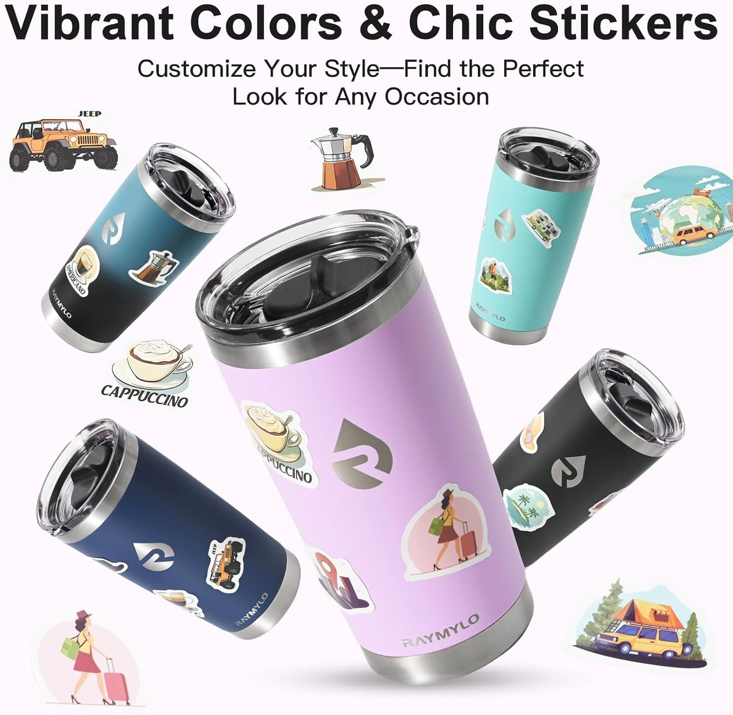 20 oz Coffee Tumbler - Insulated Stainless Steel Travel Mug for Hot/Cold, Spill Proof with BPA-Free Detachable Lid, Coffee Cup Fits Most Car holder, Includes Chic Stickers, Light Purple
