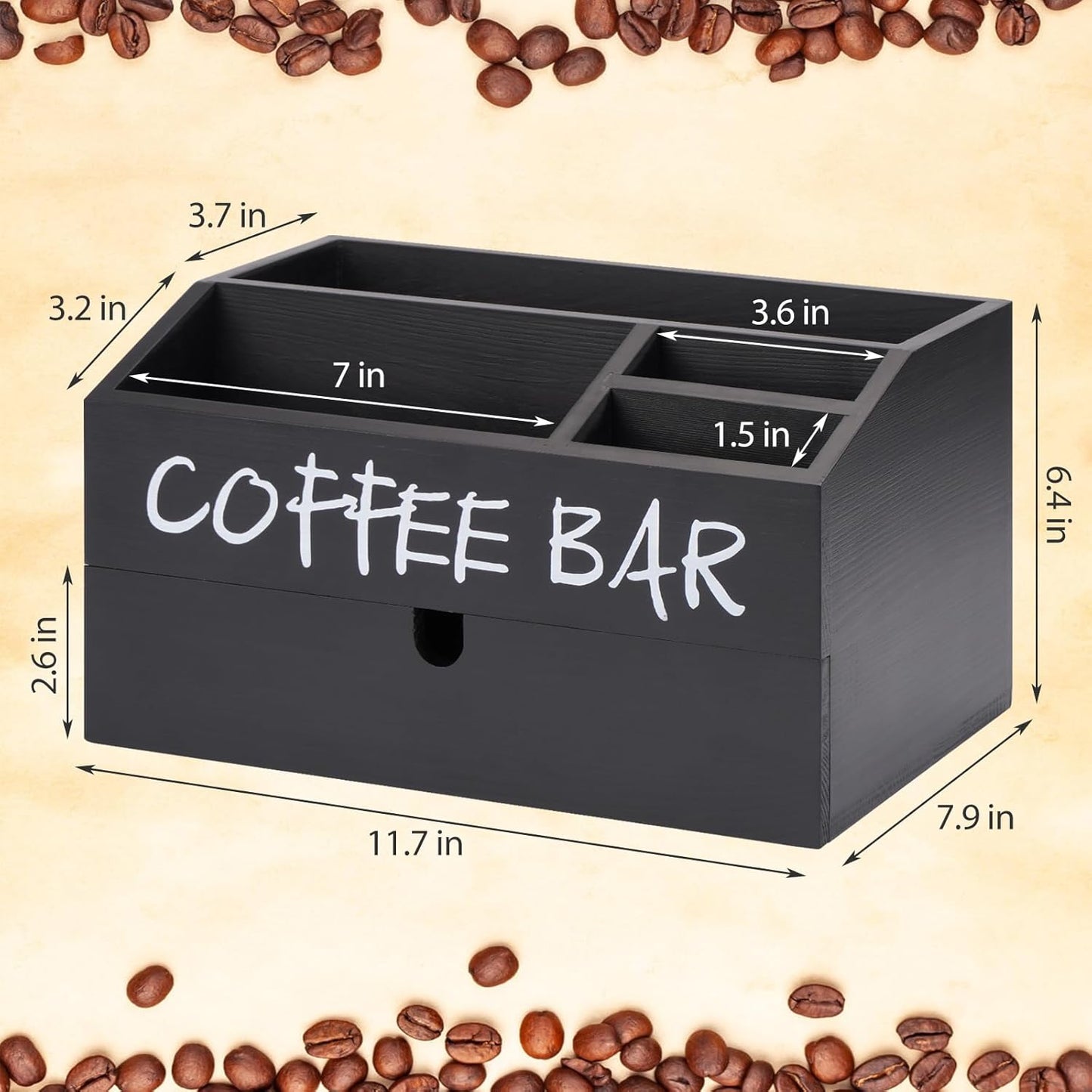 Coffee Station Organizer, Wood Coffee Bar Accessory with Drawer, K Cup Condiment Organizer & Pod Holder (30x20x16cm) - Black