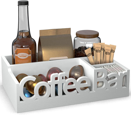 Coffee Bar Organizer for Countertop – Wooden Coffee Station Caddy with Compartments for Pods, Condiments, Tea, and Accessories – Home and Office Mini Coffee Station Organizer (White)