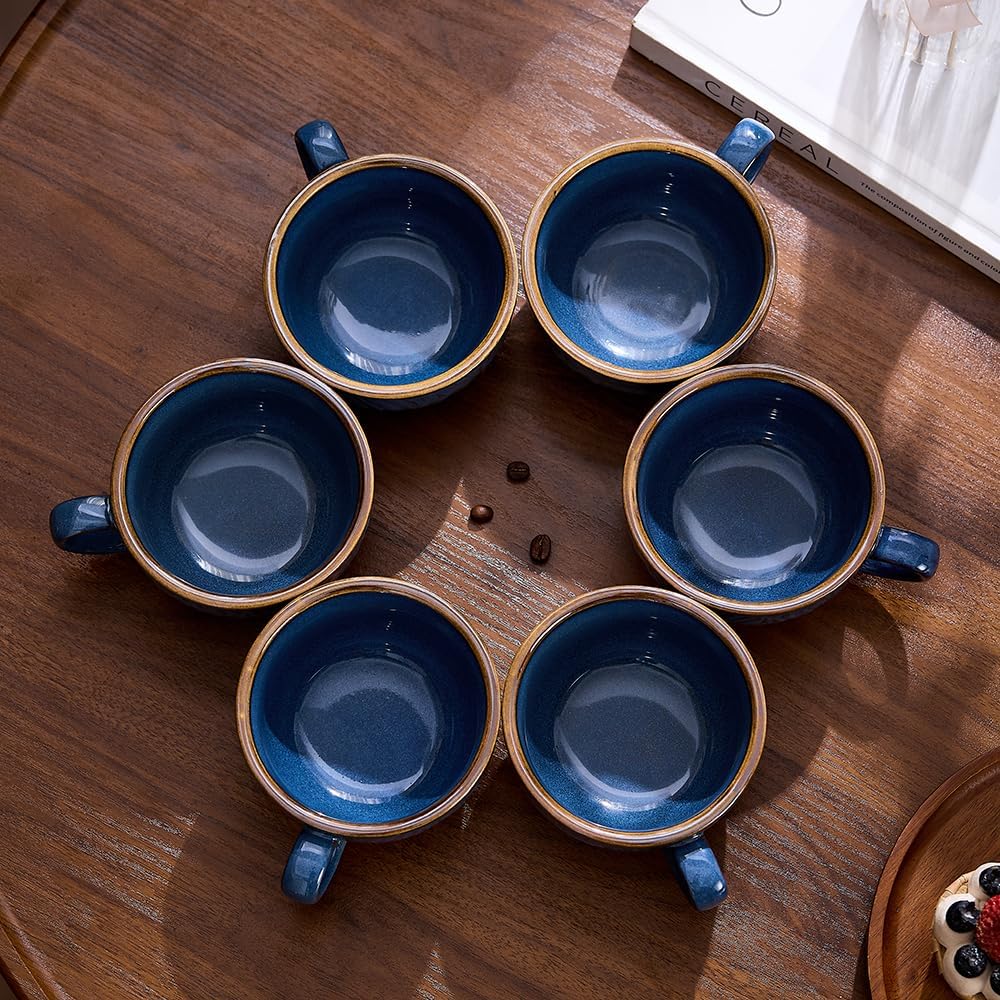 Set of 6 Vintage Design 12 oz Professional Barista Ceramic Latte Art Cappuccino Cups Set (Wave Blue)