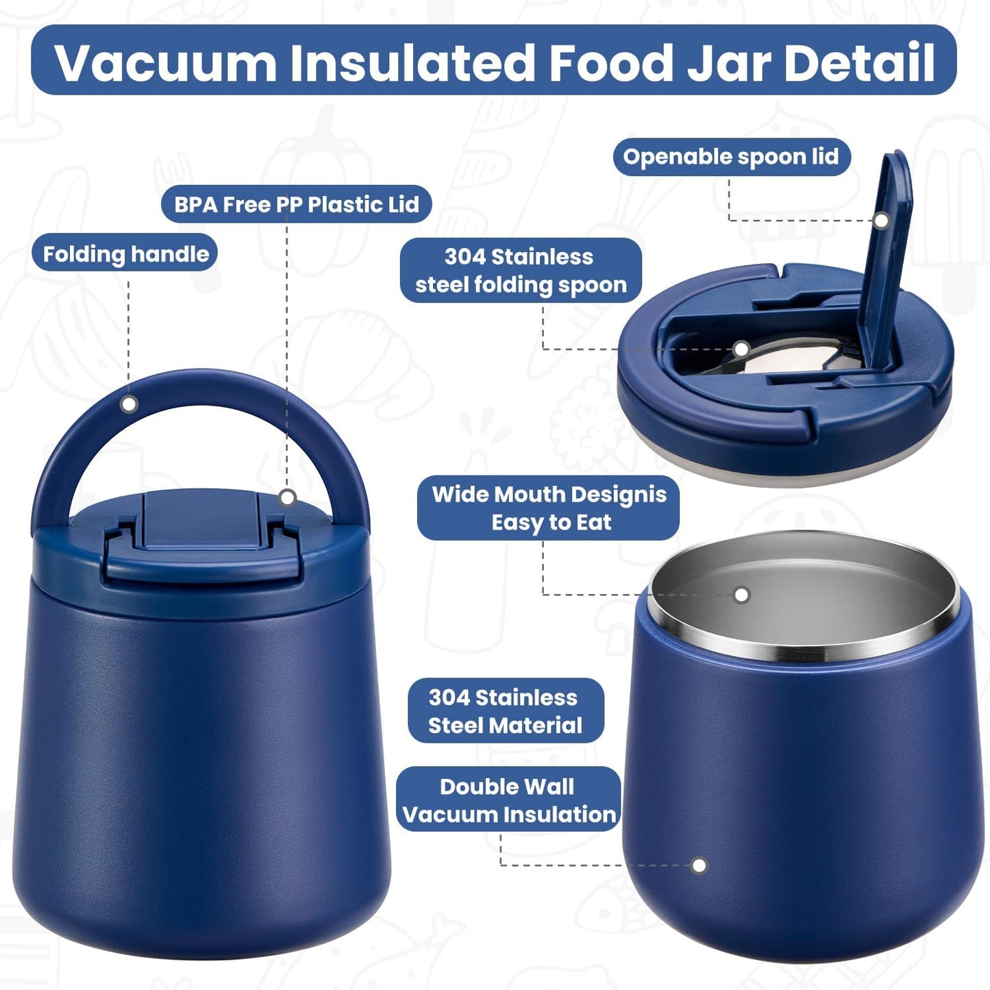 20oz Insulated Vacuum Food Jar with Buckle Lid,Soup Thermo for Hot Food Kids,Wide Mouth Leakproof Stainless Steel Lunch Container with Spoon-Blue