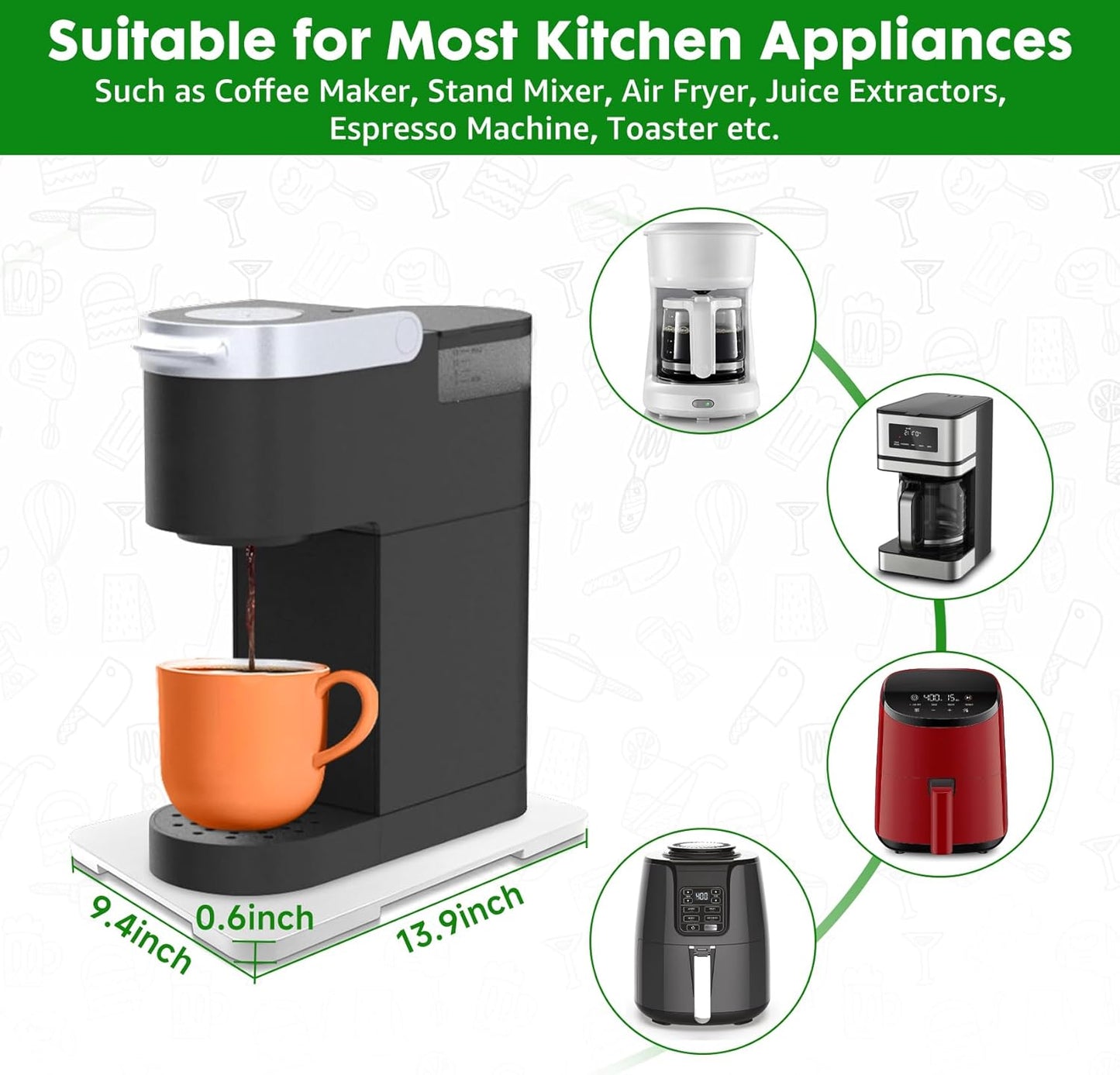 Appliance Slider 360° Rolling Tray for Coffee Maker- Bamboo Coffee Pot Slider Tray Countertop Rotation Sliding Tray with Wheels, Small Appliances Mat Easily from Under The Cabinet White(13.9"×9.4")