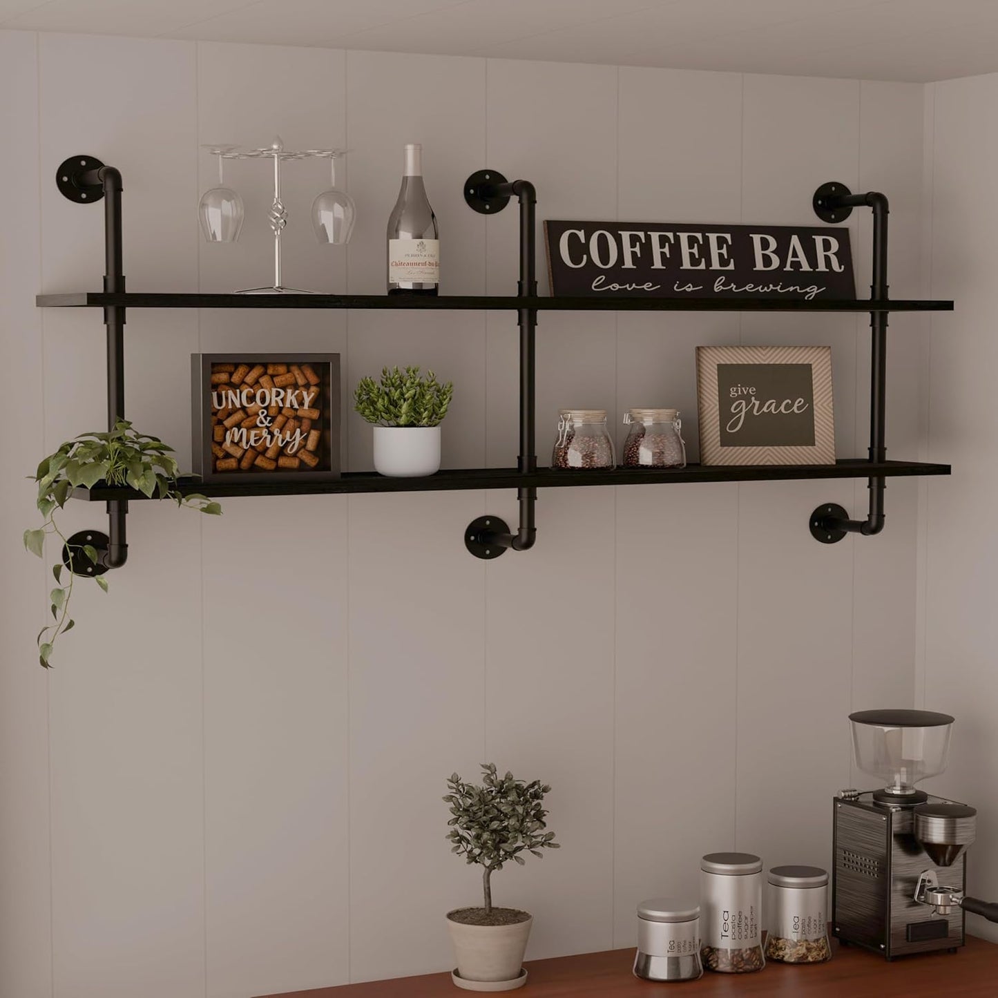 Industrial Pipe Shelf Shelving Bookcase, Wall Mounted Rustic Bookshelf, Floating Bookshelves for Wall,Retro Wood Metal Pipe Industrial Shelves for Living Room