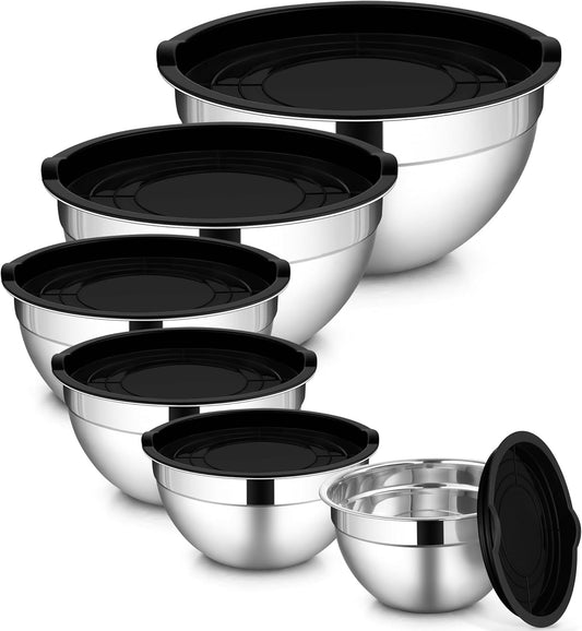 LIANYU Stainless Steel Mixing Bowls with Lids Set, Kitchen Nesting Metal Bowl Set of 6, Ideal for Salad Baking Cooking Serving Food Storage, Size 7, 3.5, 2.5, 2, 1.5, 1QT, Dishwasher Safe, Black