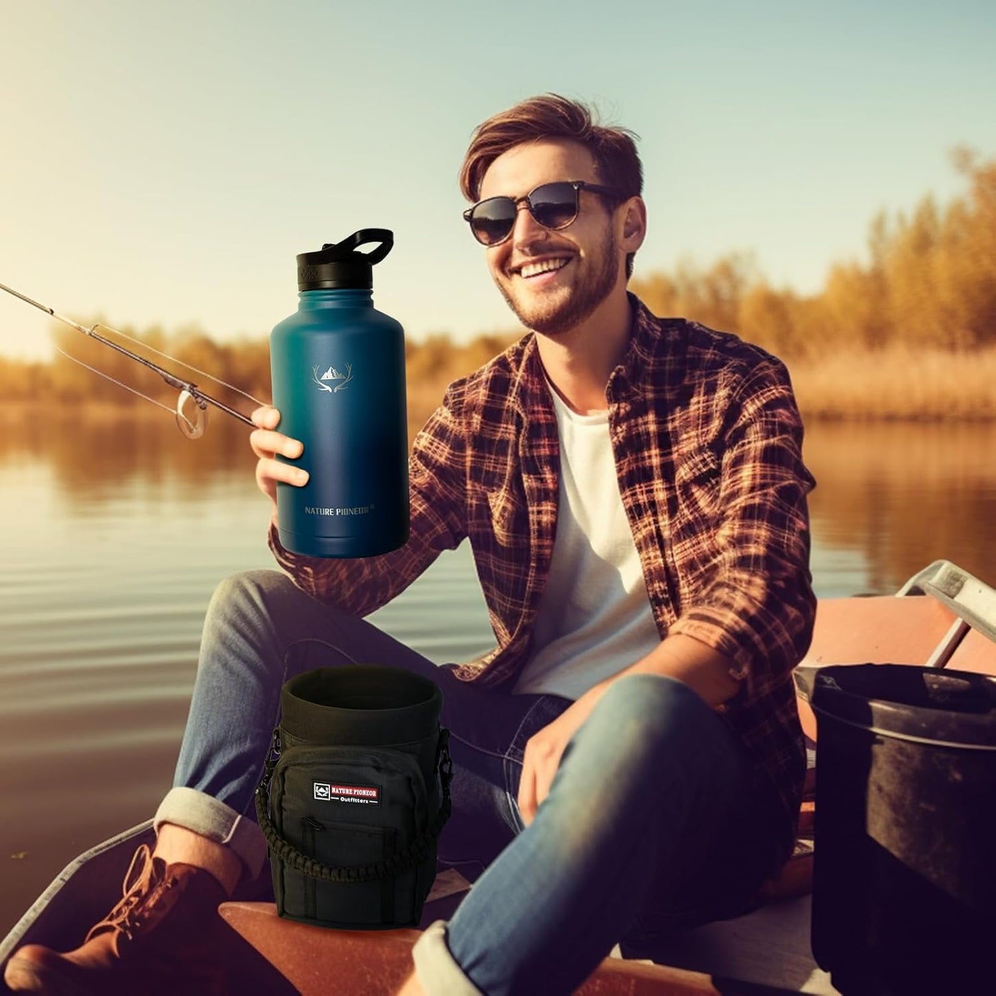 NATURE PIONEOR Insulated Water Bottles with Straw - 64oz Stainless Steel Vacuum Bottle with Holder/Carrier/Sleeve - Reusable 18/8 Food Grade Half Gallon Water Jug