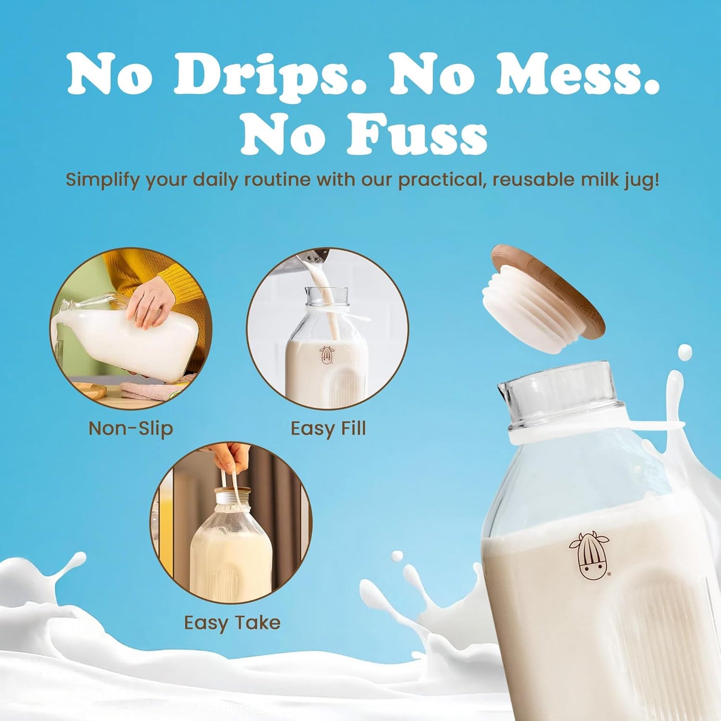 Almond Cow - Glass Pitcher with Lid and Spout, Glass Bottle Milk Container for Refrigerator, Clear Milk Jar Bottles, Food-Grade Liquid Container, 60 fl oz Capacity, 5 x 4 x 10 Inches