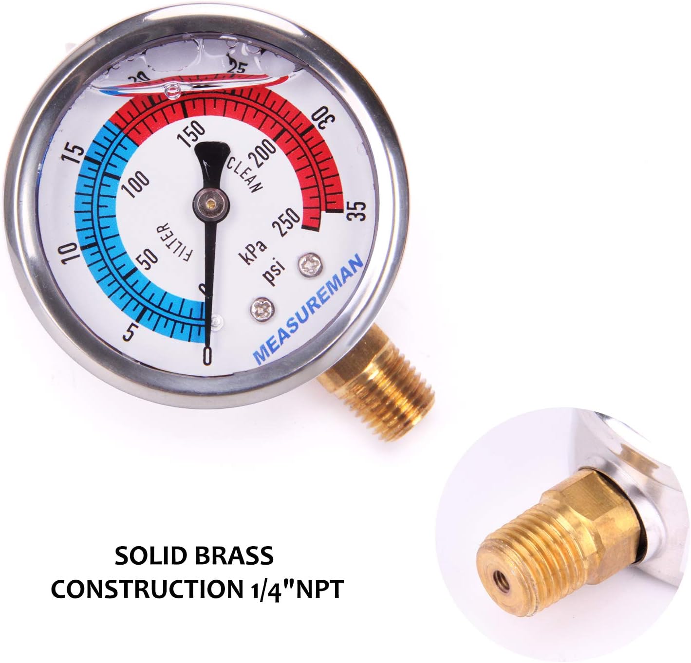MEASUREMAN 2" Dial Size, Glycerin Filled Pool Filter Pressure Gauge, 304 Stainless Steel Case, 0-35psi/250kpa, 1/4" NPT Lower Mount