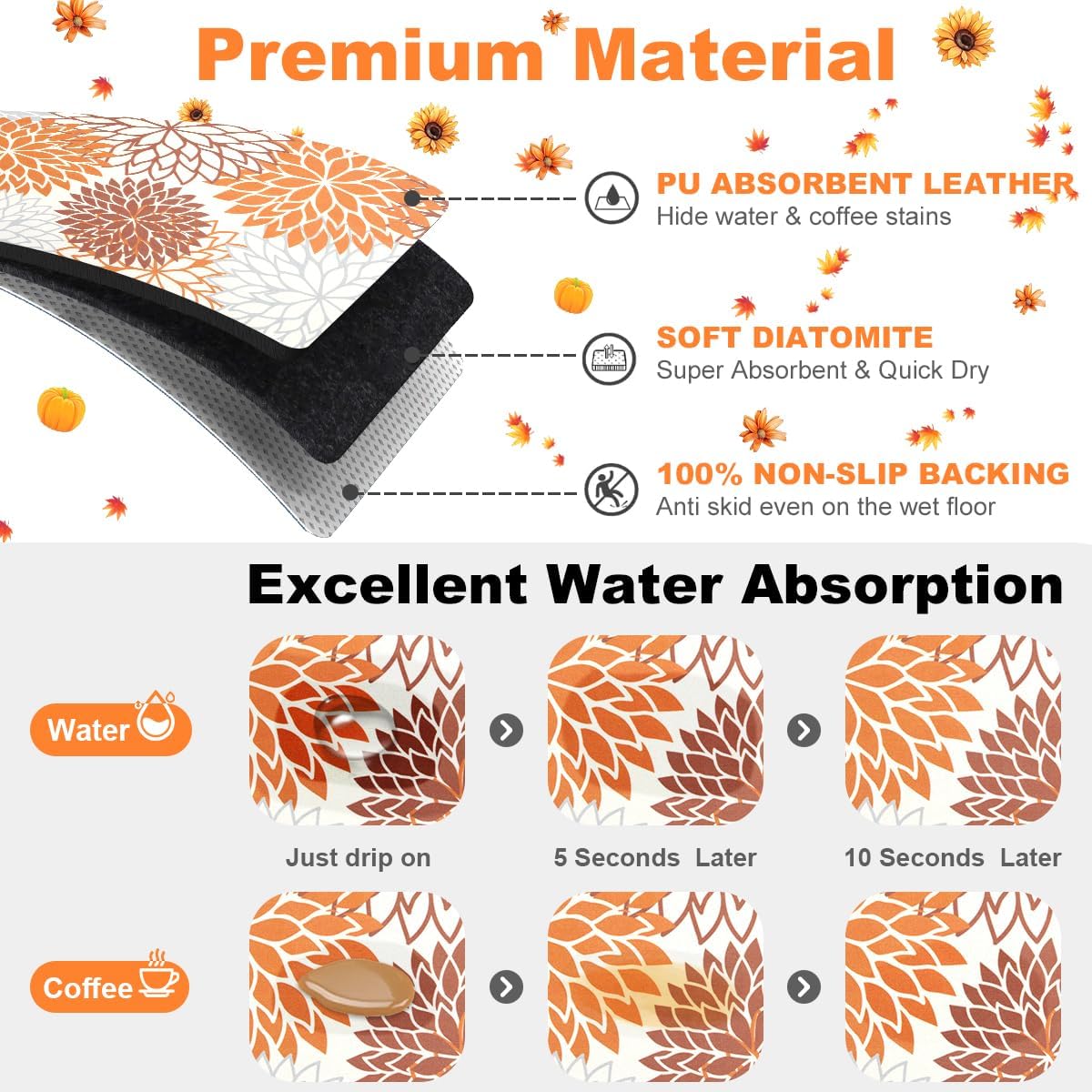 Findosom 2PCS 12" x 20" Fall Dish Drying Mat & 24" x 5.5" Sink Splash Guard, Super Absorbent & Cuttable Dish Mat Drying Kitchen Mat with Orange Floral, Hide Stain Drying Mat for Kitchen Counter