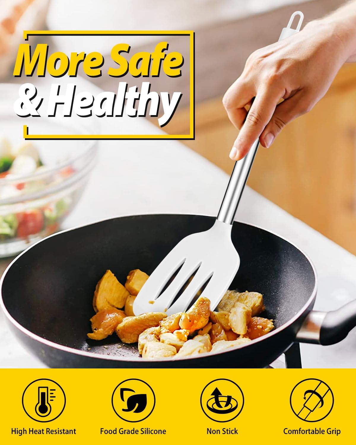 Pack of 4 Silicone Cooking Utensils Set, Non Stick Large Solid Spatulas, Heat Resistant Slotted Spoons, Ideal BPA Free Kitchen Turners for Frying, Mixing,Serving,Draining,Turning,Stirring (WHITE)