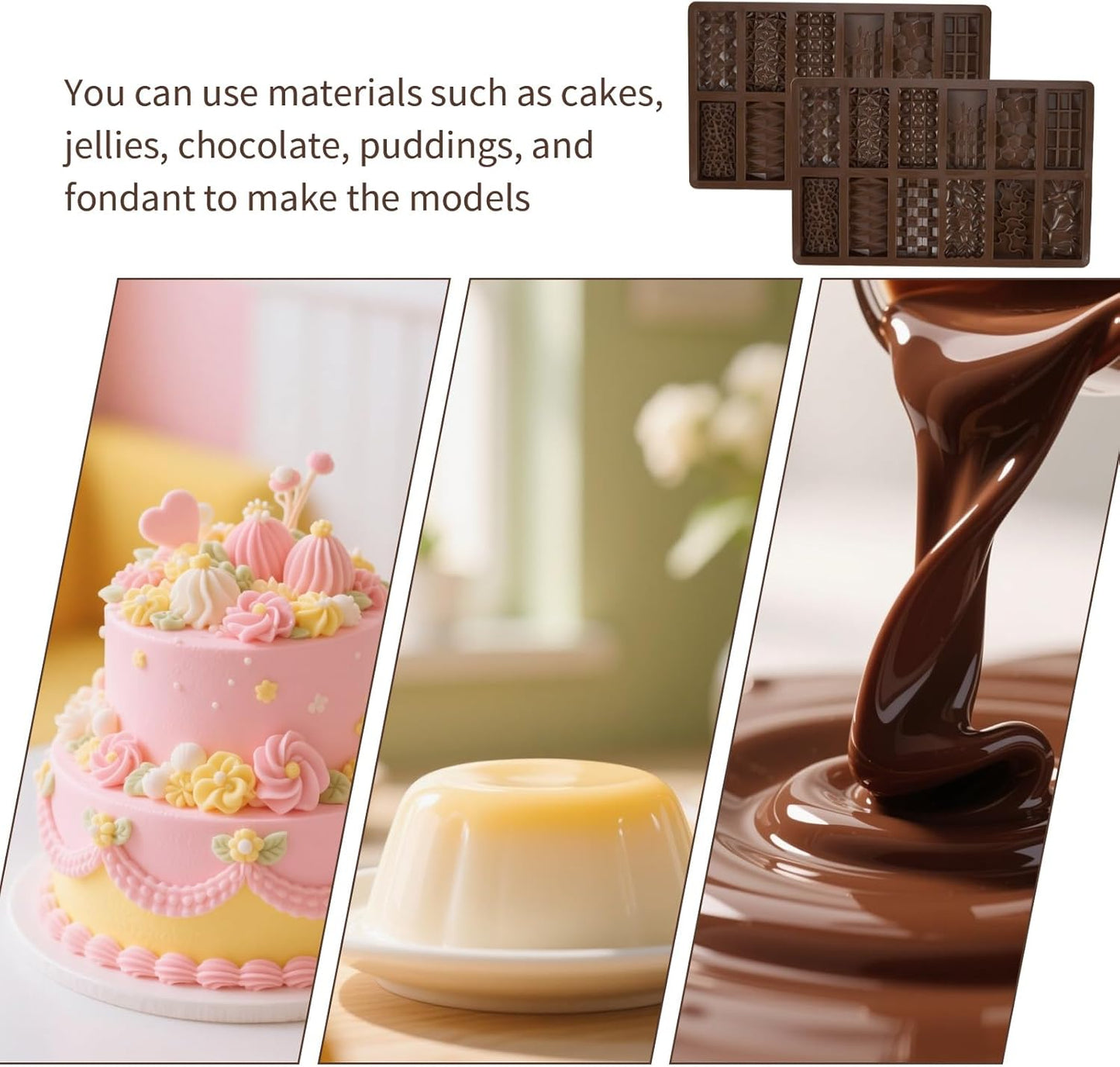 2 Pcs Brown Mini Chocolate Bar Mold for Dubai, Candy Silicone Mold