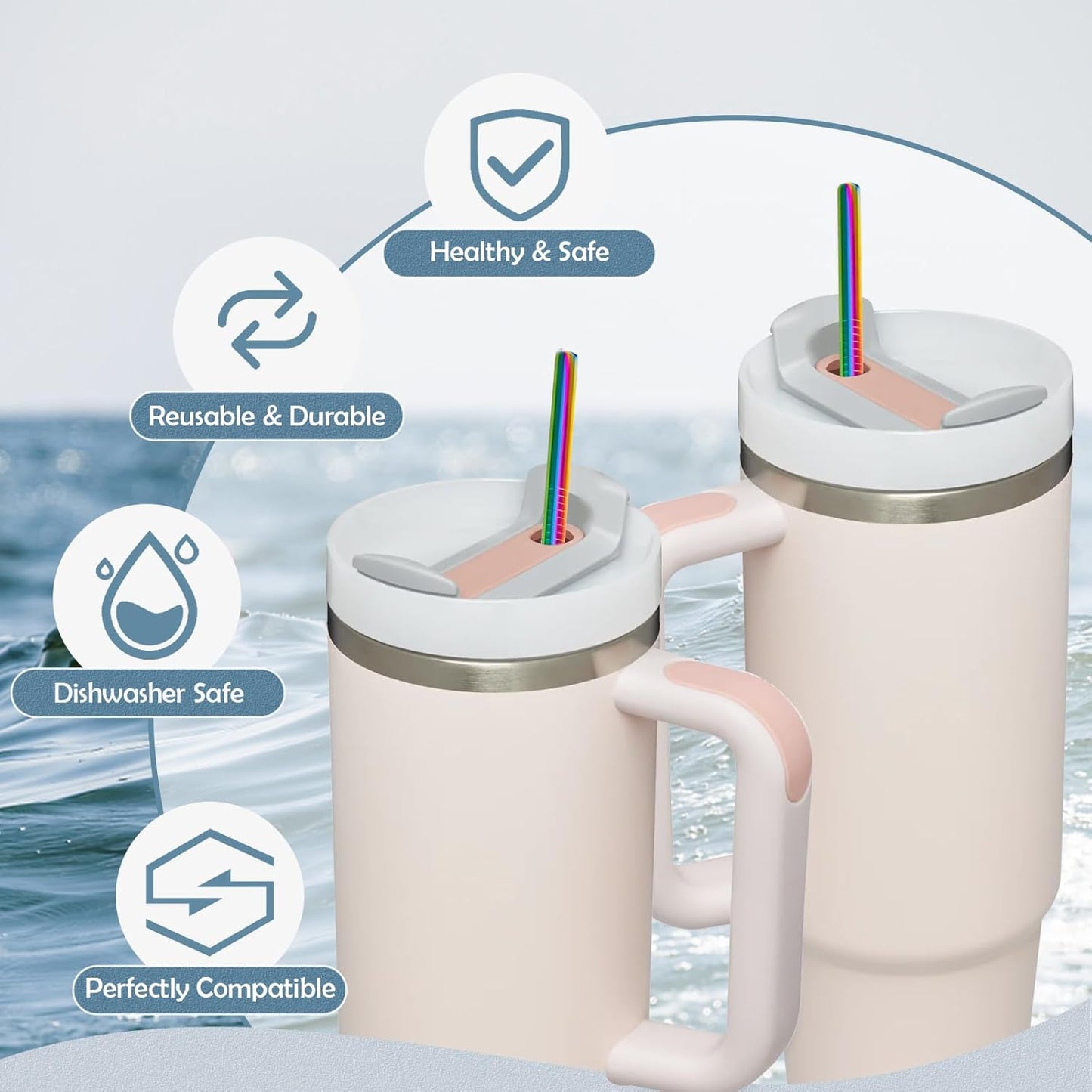 for Stanley Quencher 40oz Tumbler 6x Metal Stainless Steel Straws, 12inch Replacement Extra Long/Tall Straws for Stanley Cup 40oz Drinking Reusable Accessories (6x Straight, Colorful)