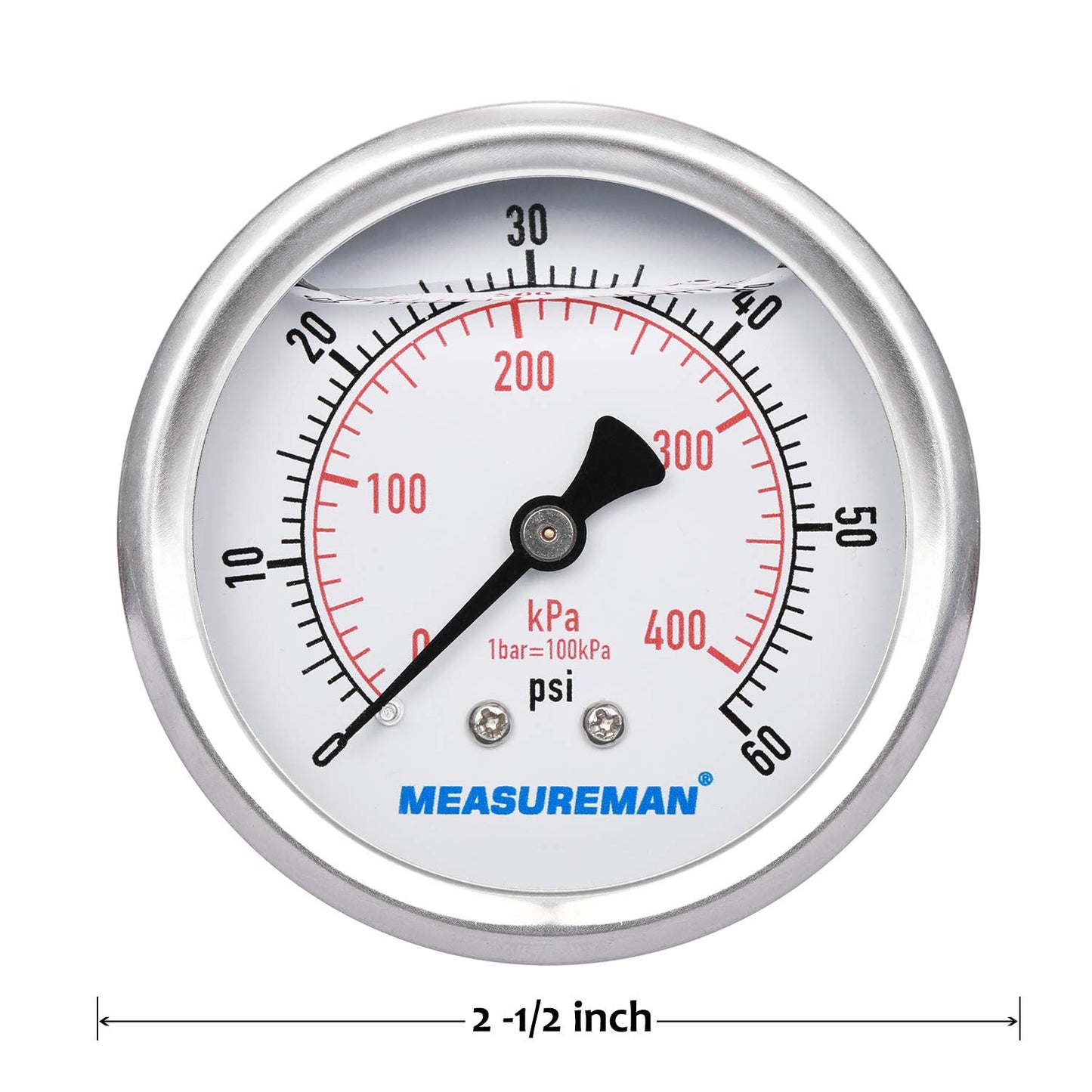 MEASUREMAN 2-1/2inch Dial Size, Liquid Filled Pressure Gauge, 0-60psi/400kpa, 304 Stainless Steel Case, 1/4inchNPT Back Mount